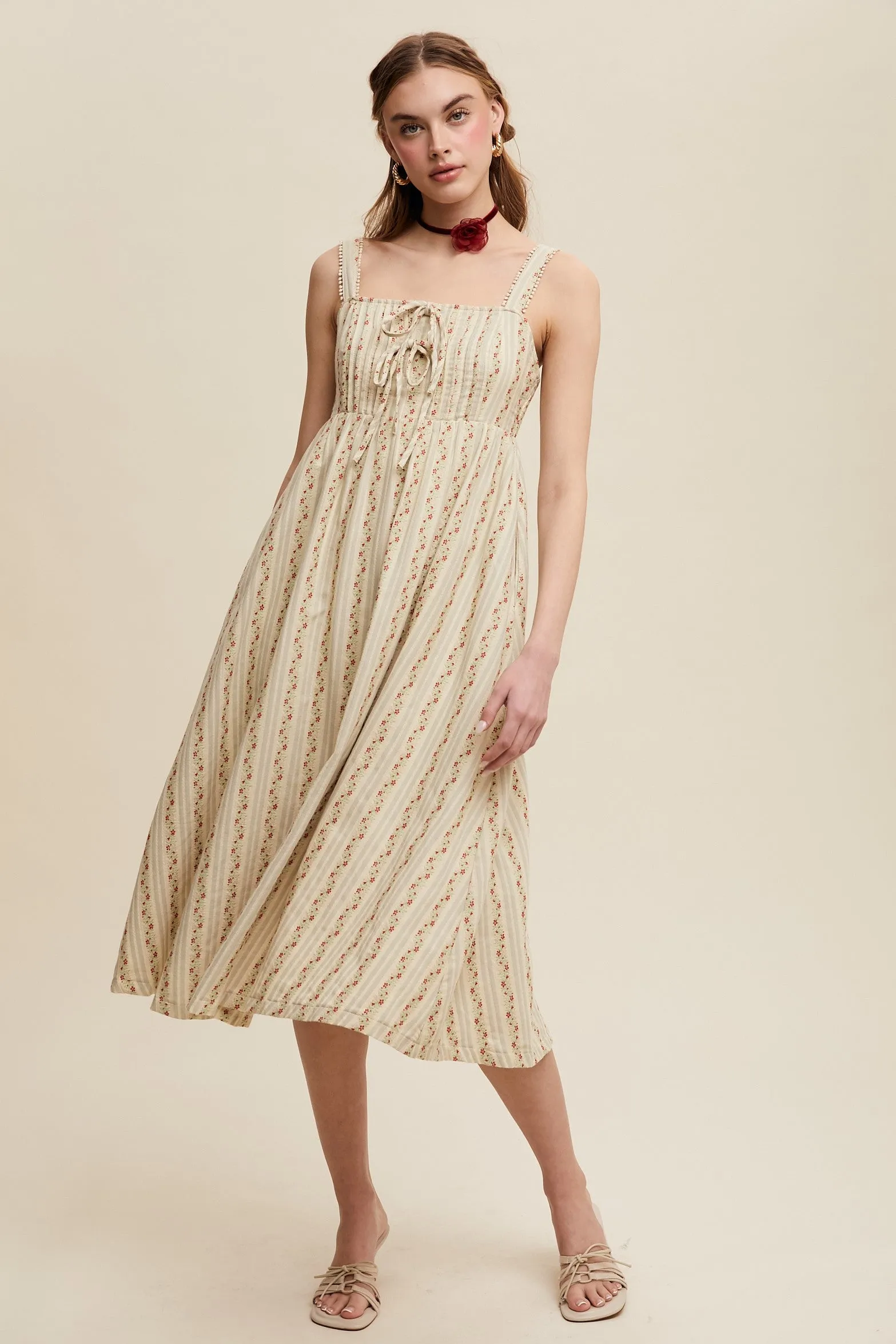 Light Olive Floral Embroidered Striped Midi Dress sold by Pinkblush