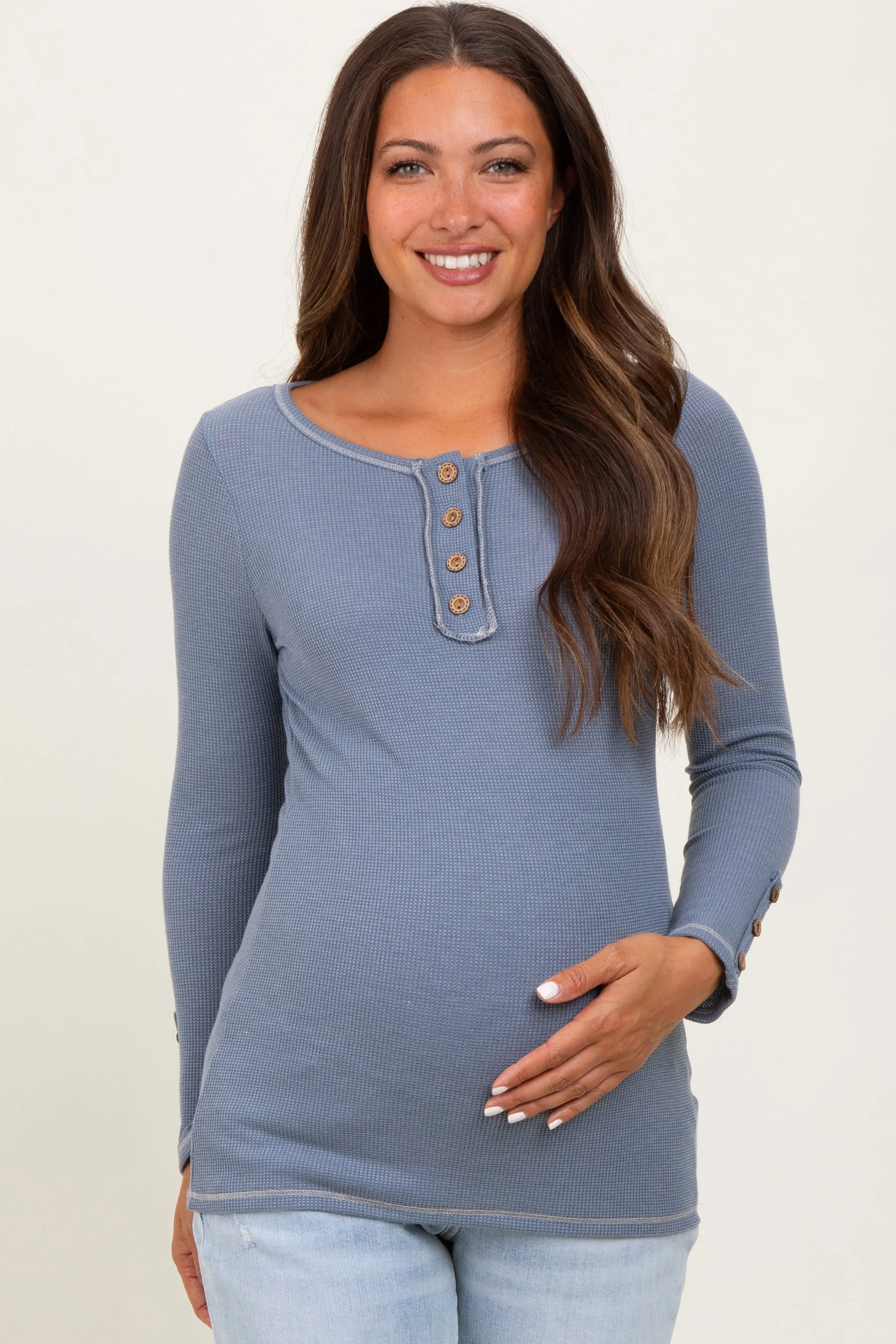 Blue Button Detail Maternity Long Sleeve Thermal Top sold by Pinkblush product image thumbnail 2