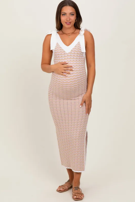 Lavender Chevron Knit Shoulder Tie Maternity Midi Dress sold by Pinkblush