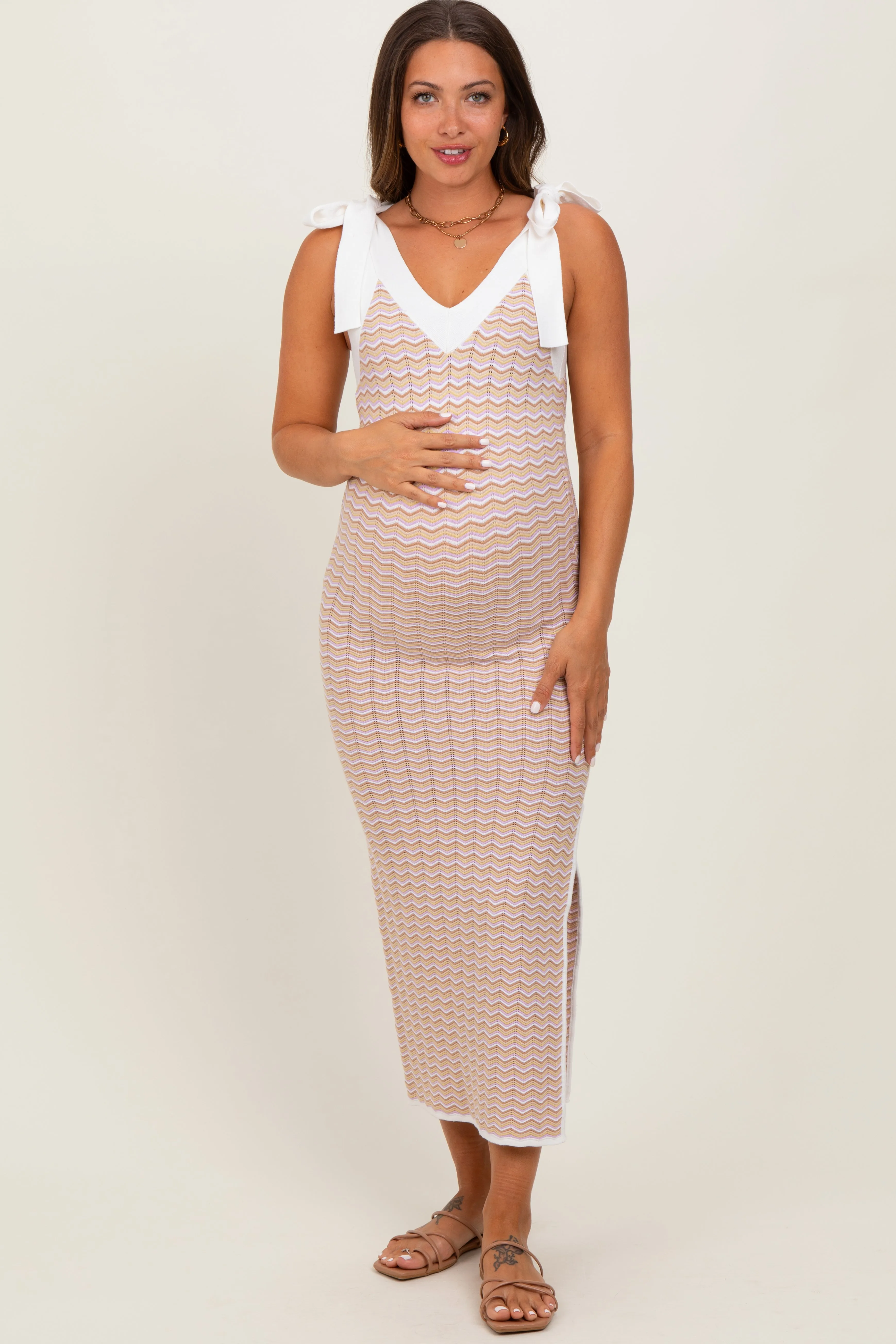 Lavender Chevron Knit Shoulder Tie Maternity Midi Dress sold by Pinkblush