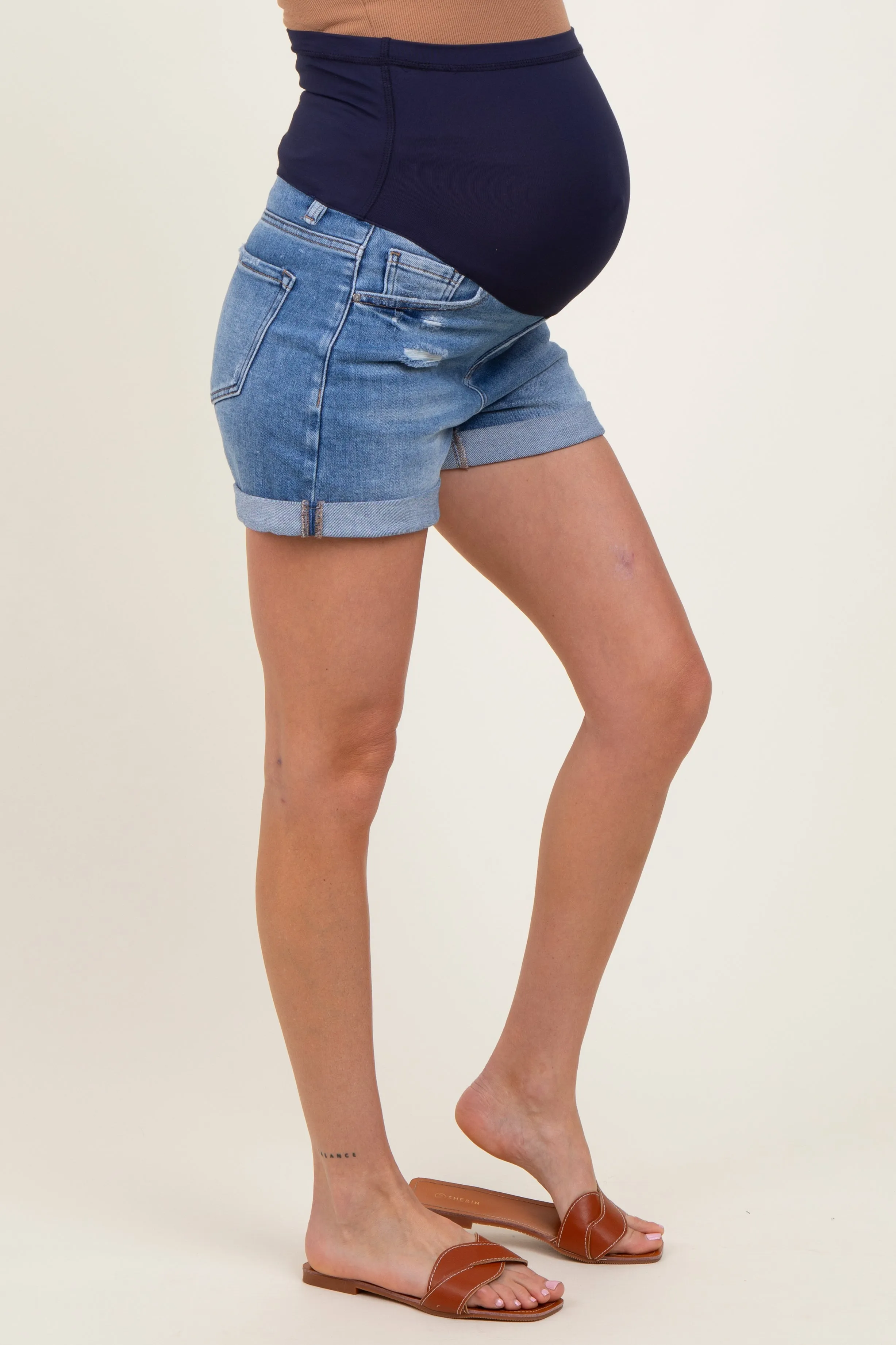Navy Distressed Rolled Cuff Maternity Jean Shorts sold by Pinkblush product image thumbnail 3