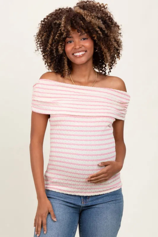 Light Pink Off The Shoulder Striped Maternity Top sold by Pinkblush