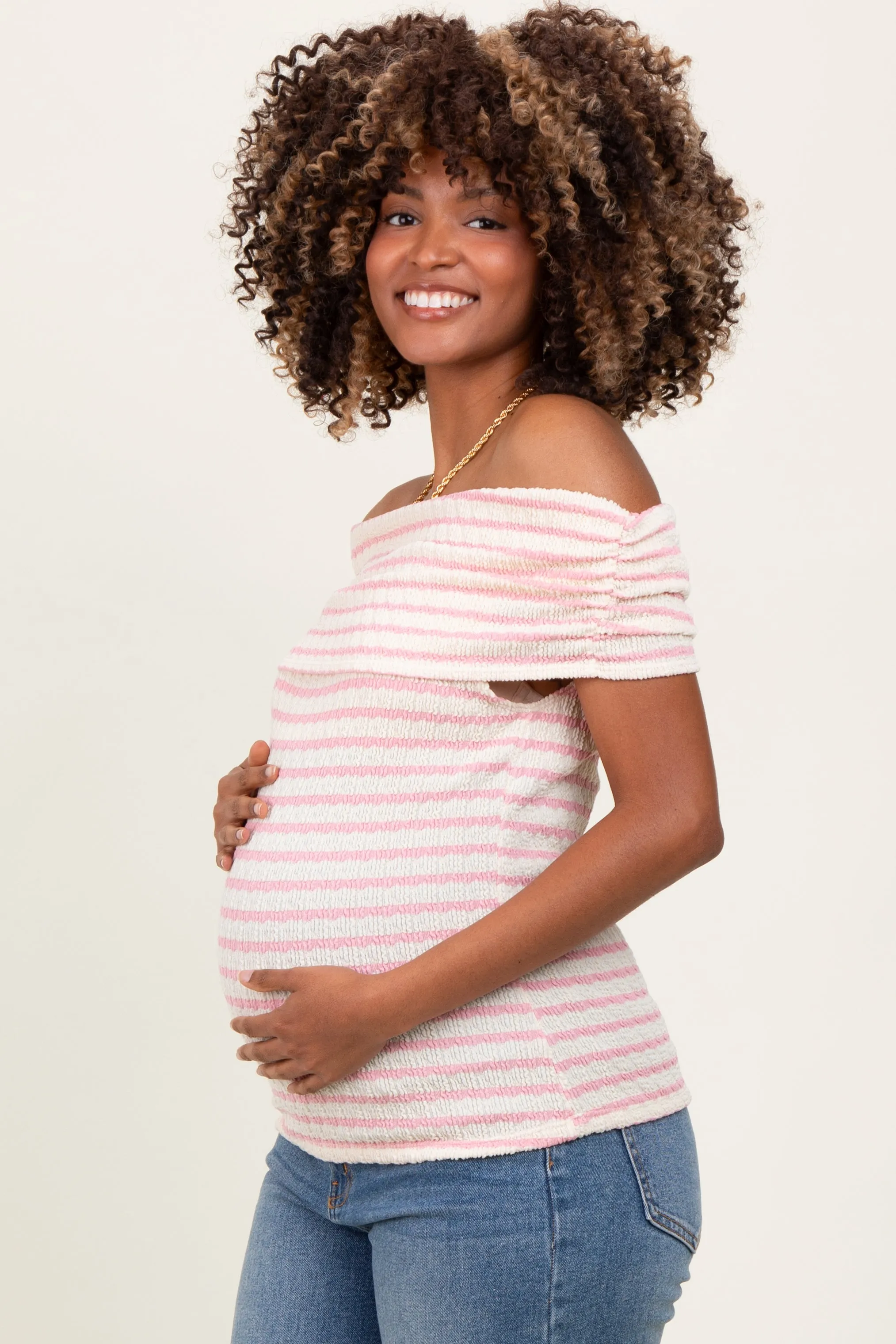 Light Pink Off The Shoulder Striped Maternity Top sold by Pinkblush product image thumbnail 2