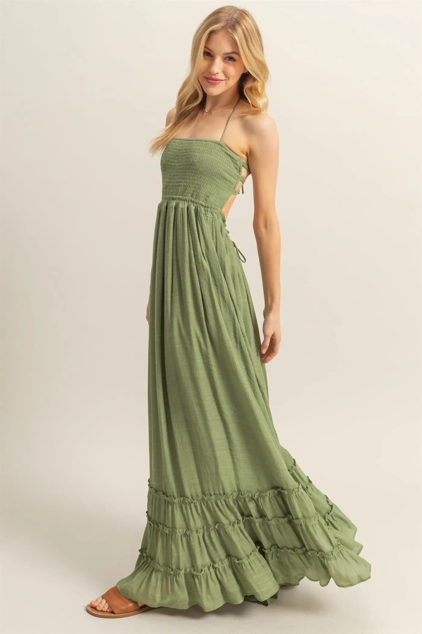 Light Olive Halter Neck Smocked Tiered Hem Maxi Dress sold by Pinkblush product image thumbnail 2