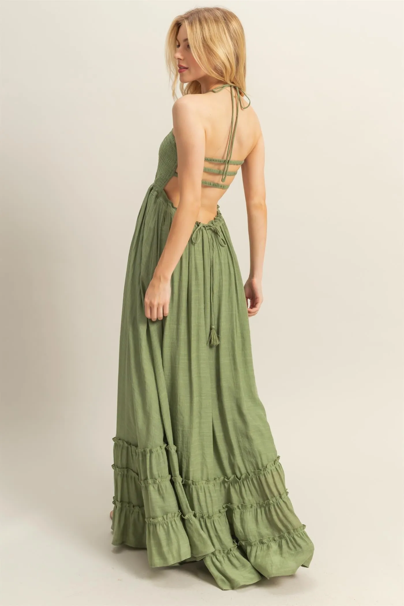 Light Olive Halter Neck Smocked Tiered Hem Maxi Dress sold by Pinkblush product image thumbnail 3