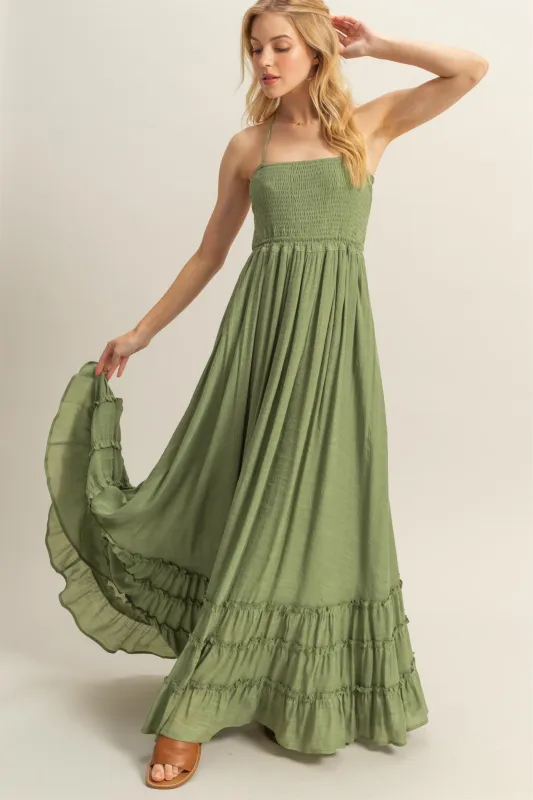 Light Olive Halter Neck Smocked Tiered Hem Maxi Dress sold by Pinkblush