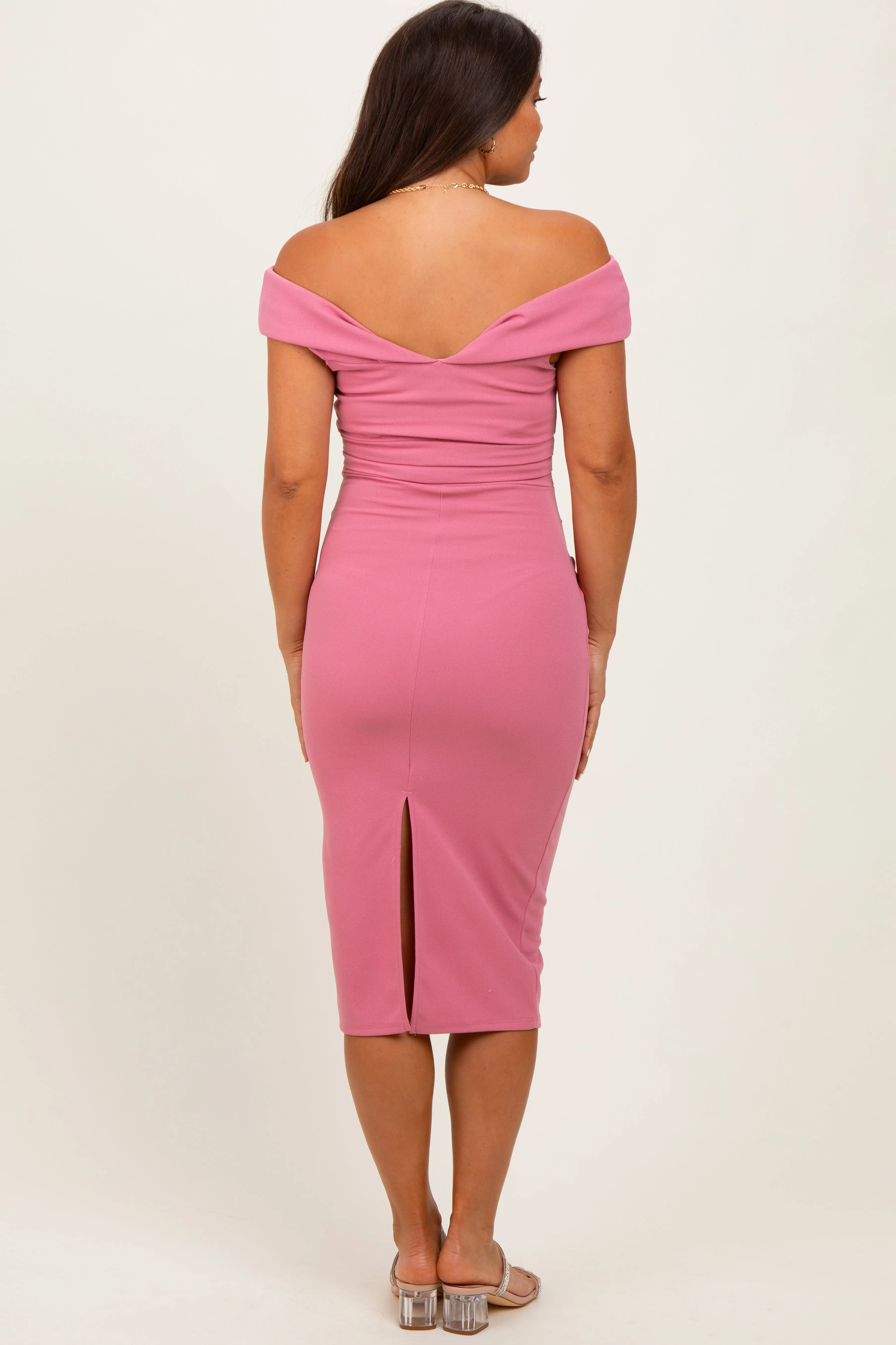 Mauve Off Shoulder Fitted Maternity Midi Dress sold by Pinkblush product image thumbnail 4