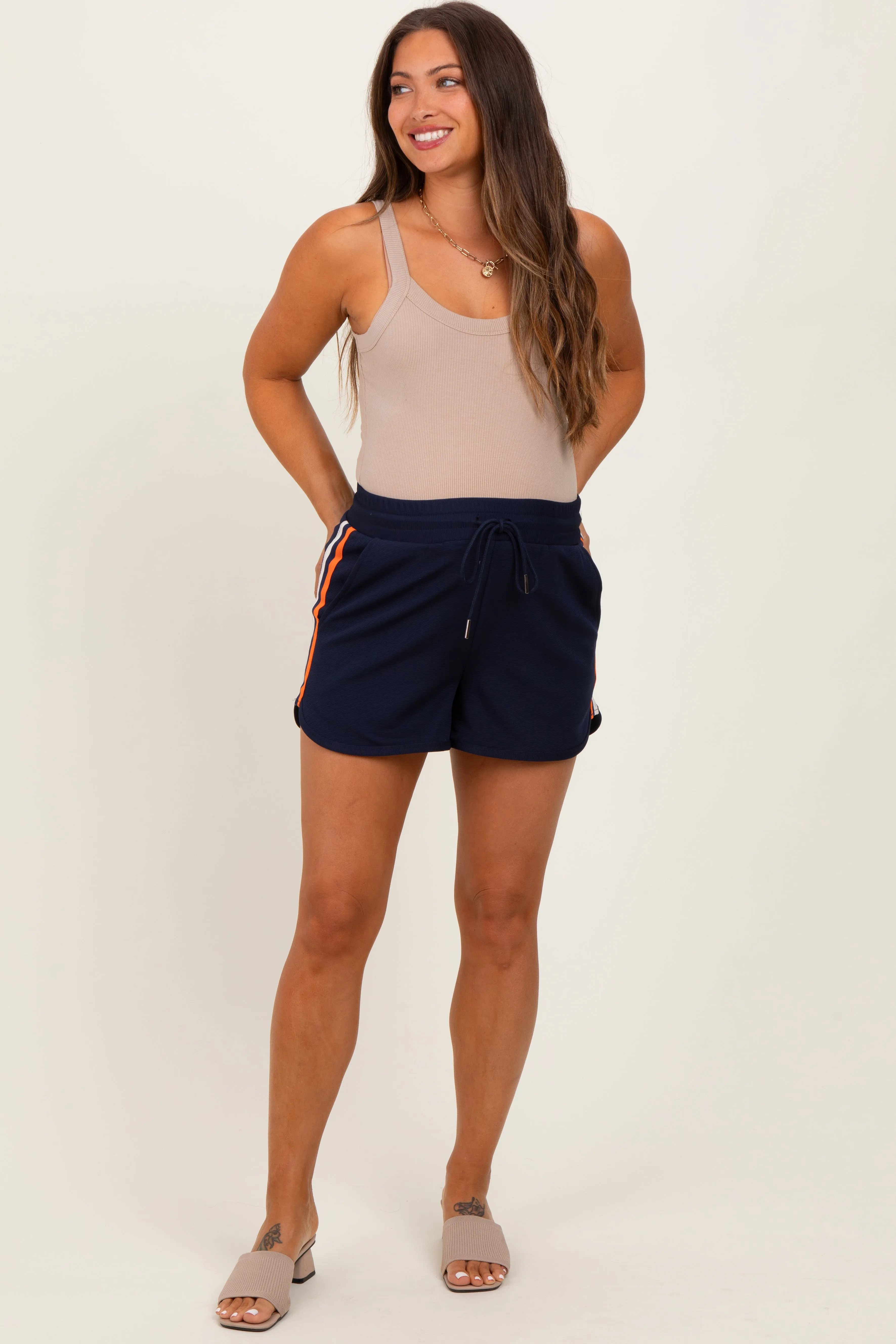 Navy Drawstring Stripe Detail Maternity Shorts sold by Pinkblush product image thumbnail 2