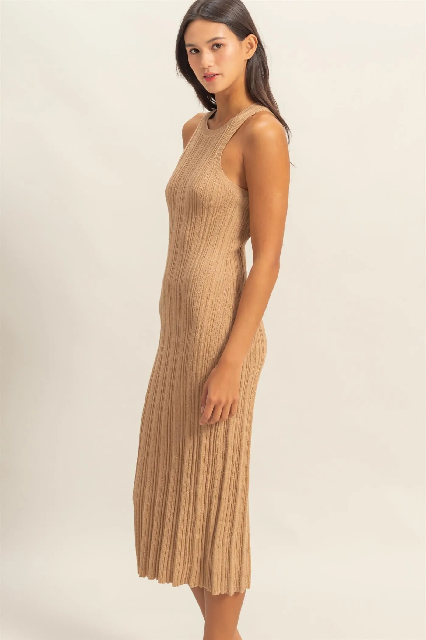 Taupe Round Neck Bodycon Ribbed Knit Midi Dress sold by Pinkblush product image thumbnail 2