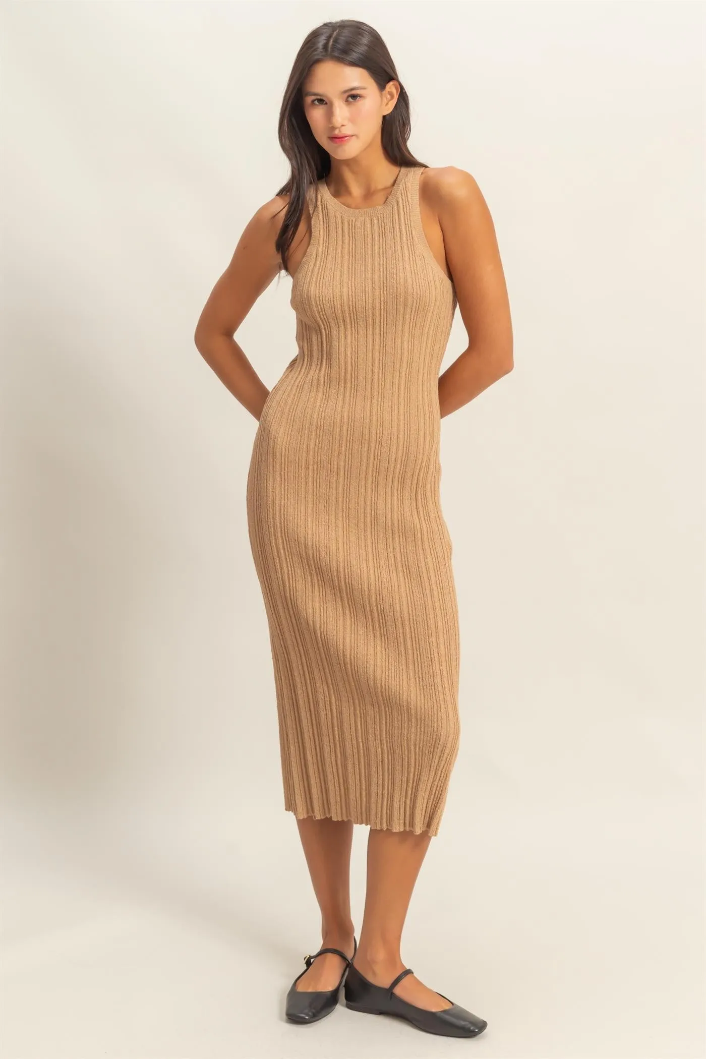 Taupe Round Neck Bodycon Ribbed Knit Midi Dress sold by Pinkblush product image thumbnail 4