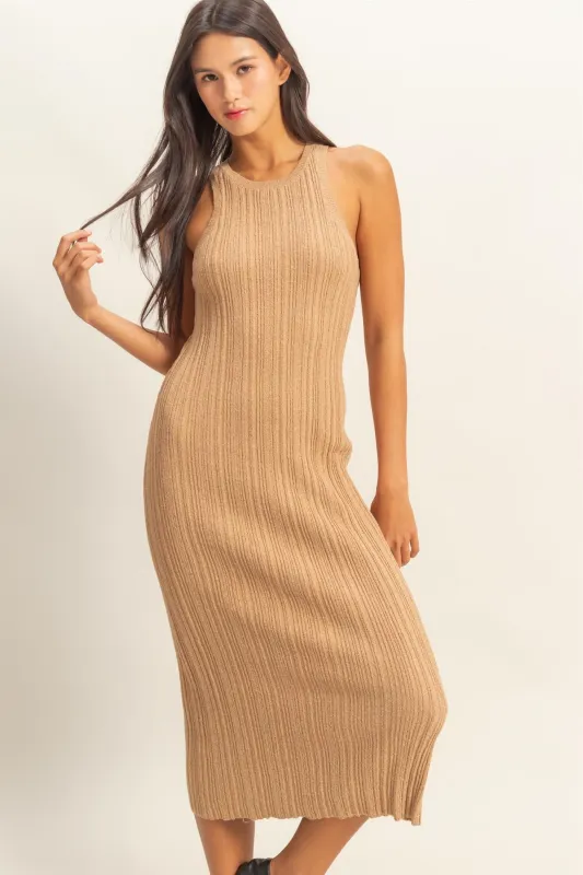 Taupe Round Neck Bodycon Ribbed Knit Midi Dress sold by Pinkblush