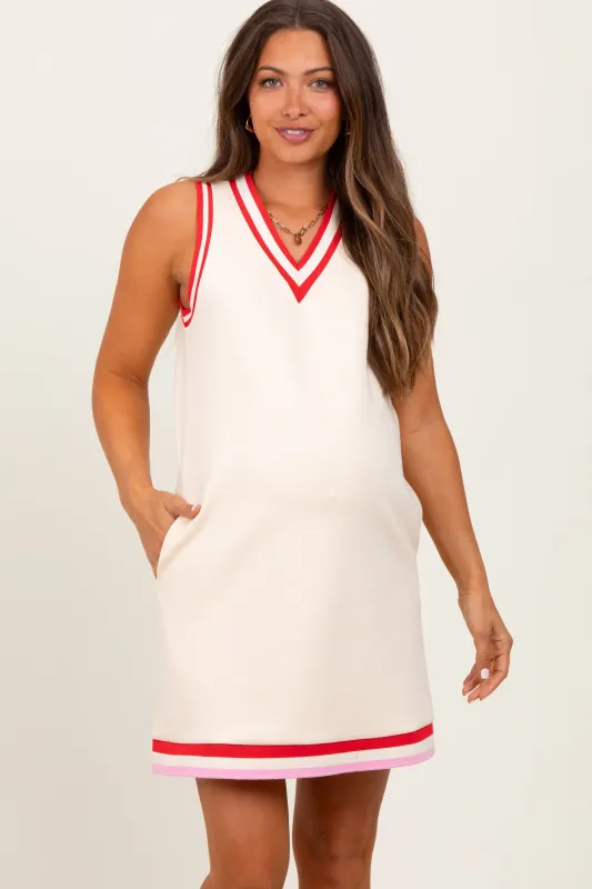 Cream Sleeveless Border Detail V-Neck Maternity Mini Dress sold by Pinkblush
