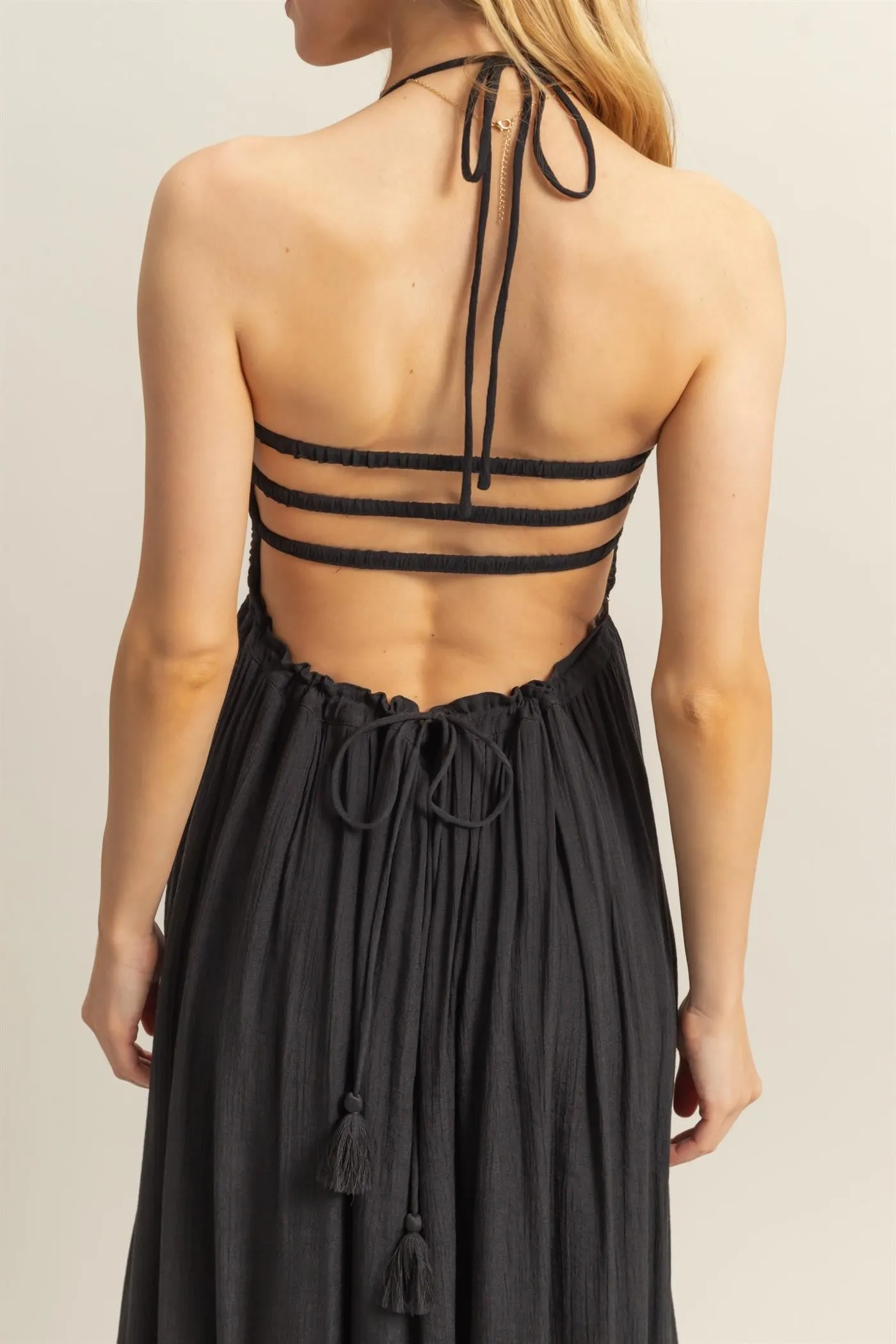 Black Halter Neck Smocked Tiered Hem Maxi Dress sold by Pinkblush product image thumbnail 4