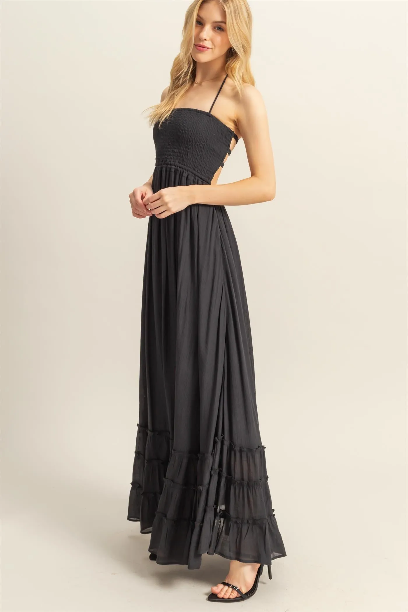 Black Halter Neck Smocked Tiered Hem Maxi Dress sold by Pinkblush product image thumbnail 2