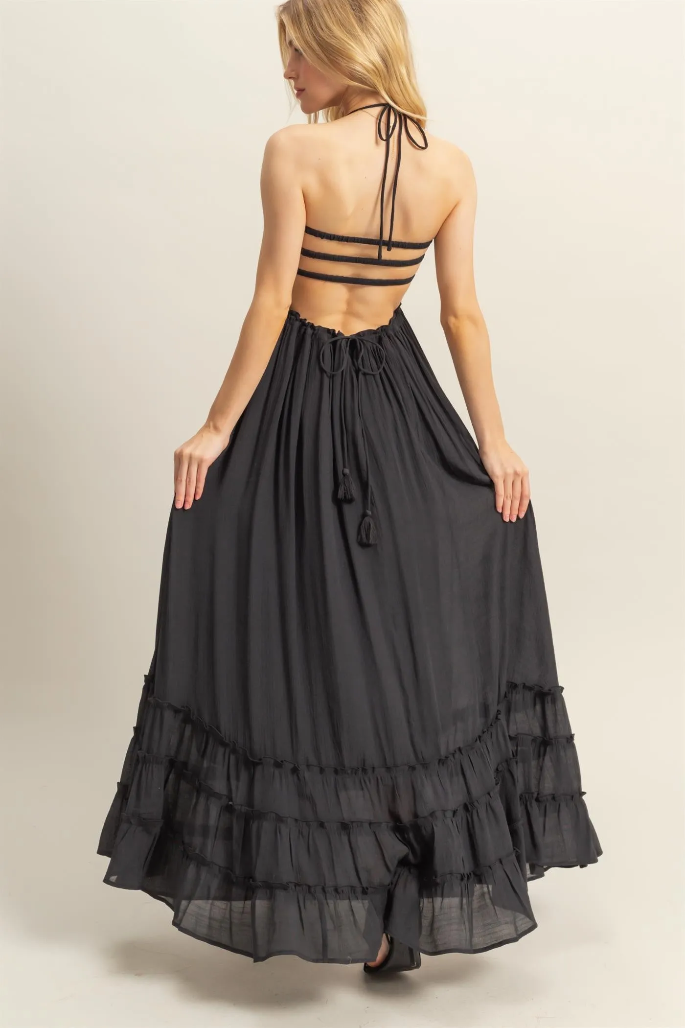 Black Halter Neck Smocked Tiered Hem Maxi Dress sold by Pinkblush product image thumbnail 3
