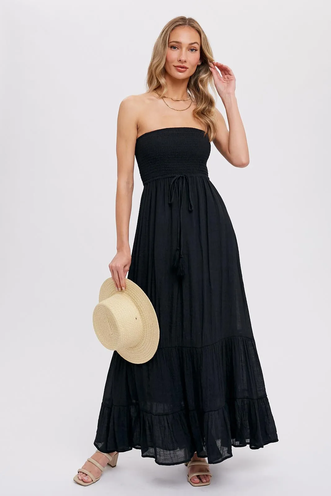 Black Smocked Strapless Front Tie Maxi Dress sold by Pinkblush