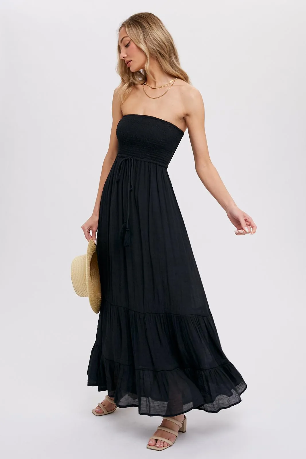 Black Smocked Strapless Front Tie Maxi Dress sold by Pinkblush product image thumbnail 2