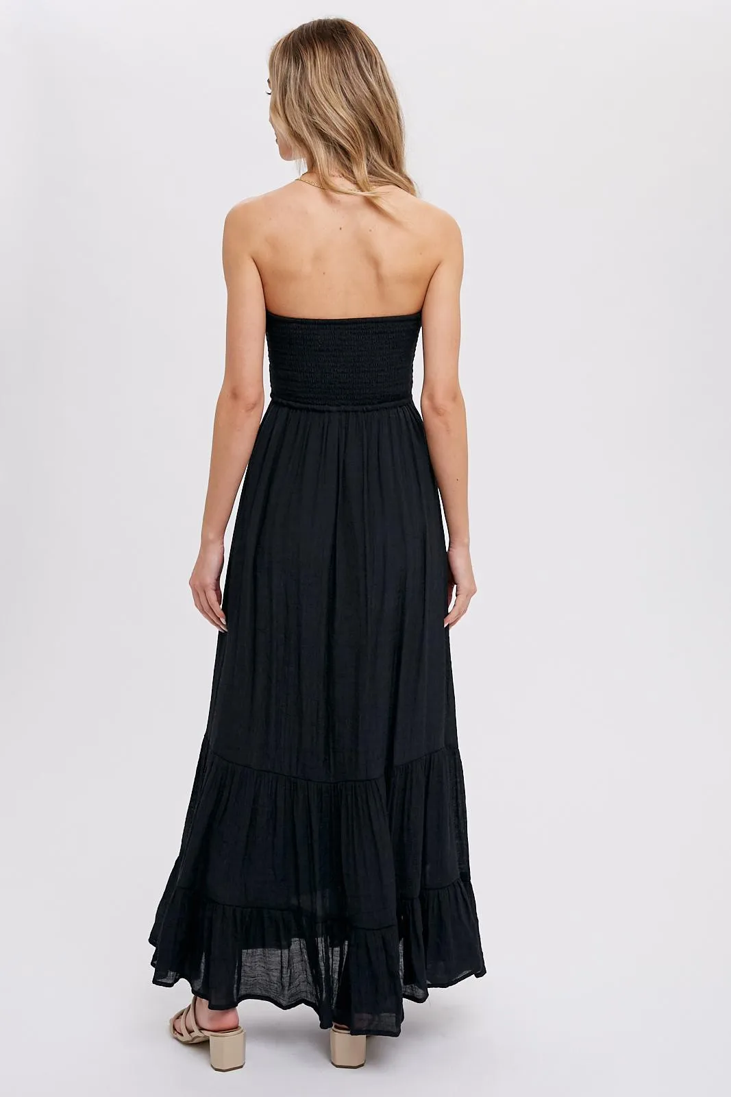 Black Smocked Strapless Front Tie Maxi Dress sold by Pinkblush product image thumbnail 3