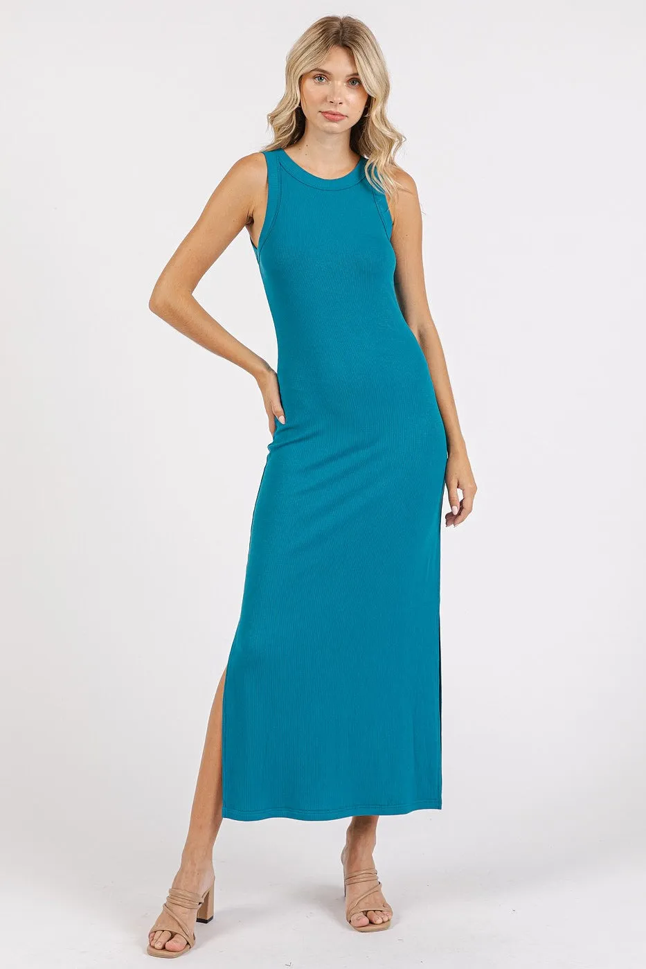 Teal Ribbed Maternity Side Slit Tank Dress sold by Pinkblush product image thumbnail 3