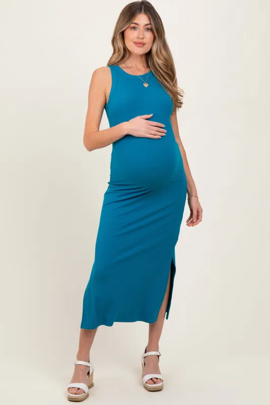 Teal Ribbed Maternity Side Slit Tank Dress sold by Pinkblush