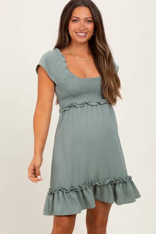 Light Olive Smocked Ruffle Detail Maternity Mini Dress sold by Pinkblush