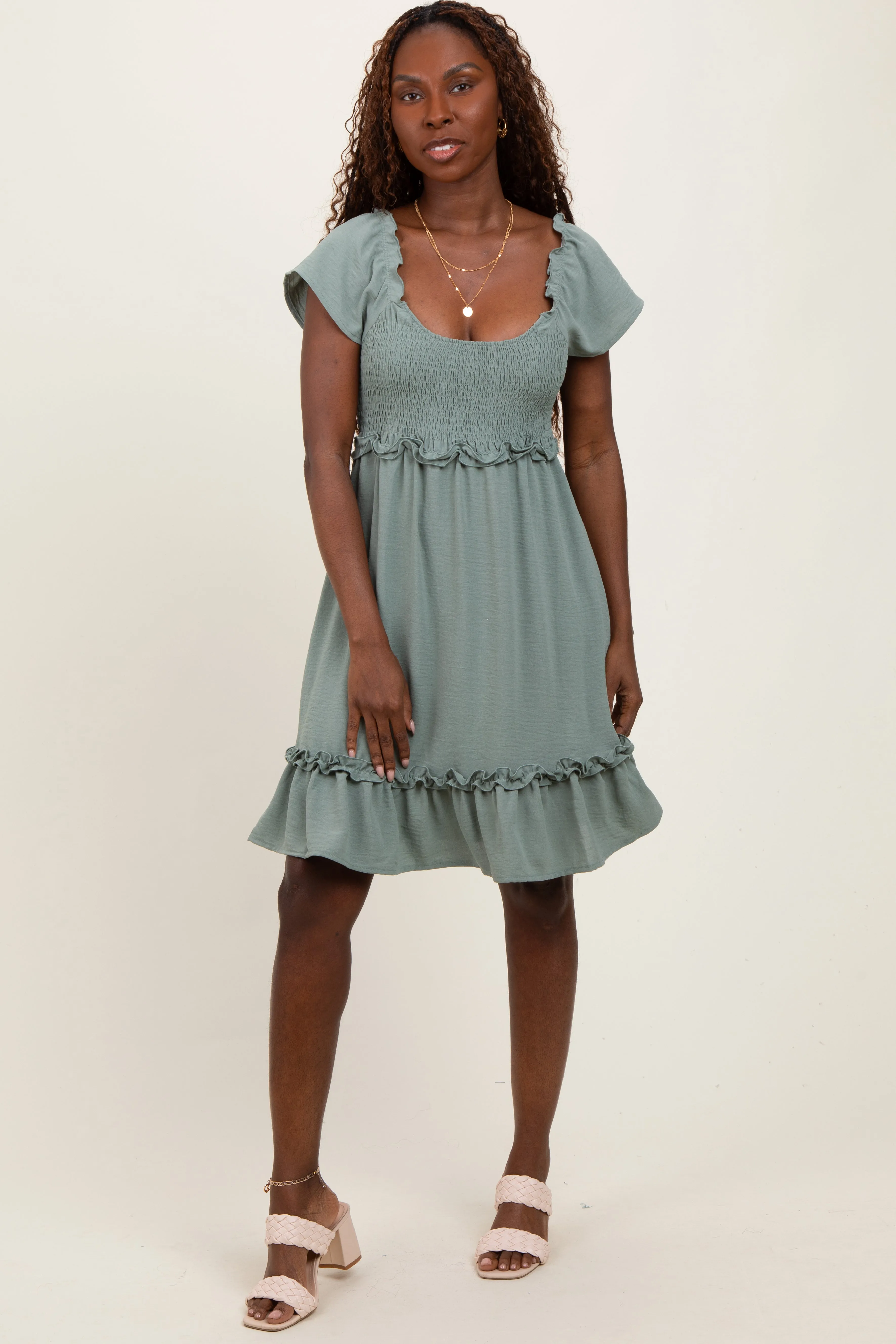 Light Olive Smocked Ruffle Detail Maternity Mini Dress sold by Pinkblush product image thumbnail 5