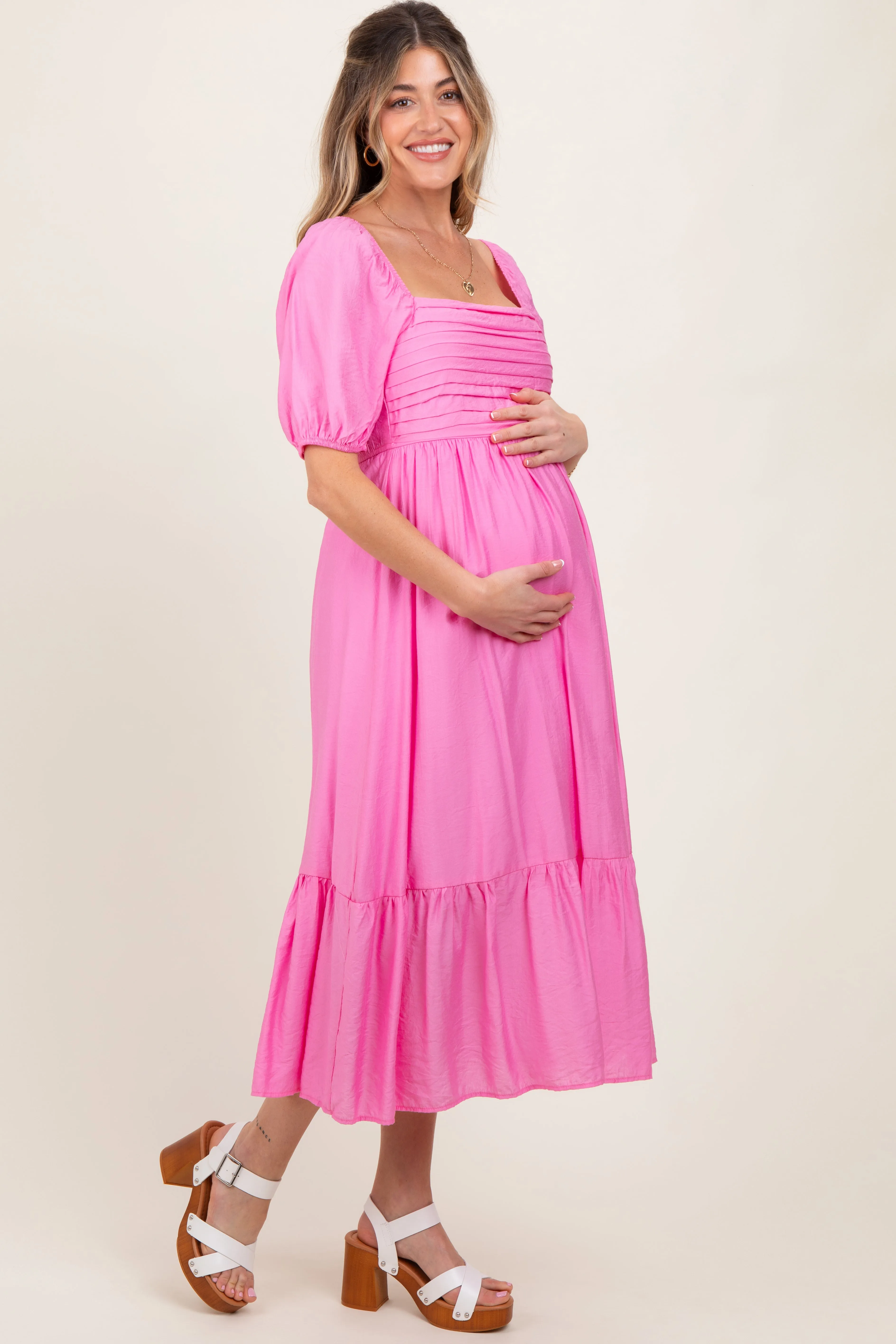 Pink Pleated Bodice Puff Sleeve Maternity Midi Dress sold by Pinkblush product image thumbnail 2