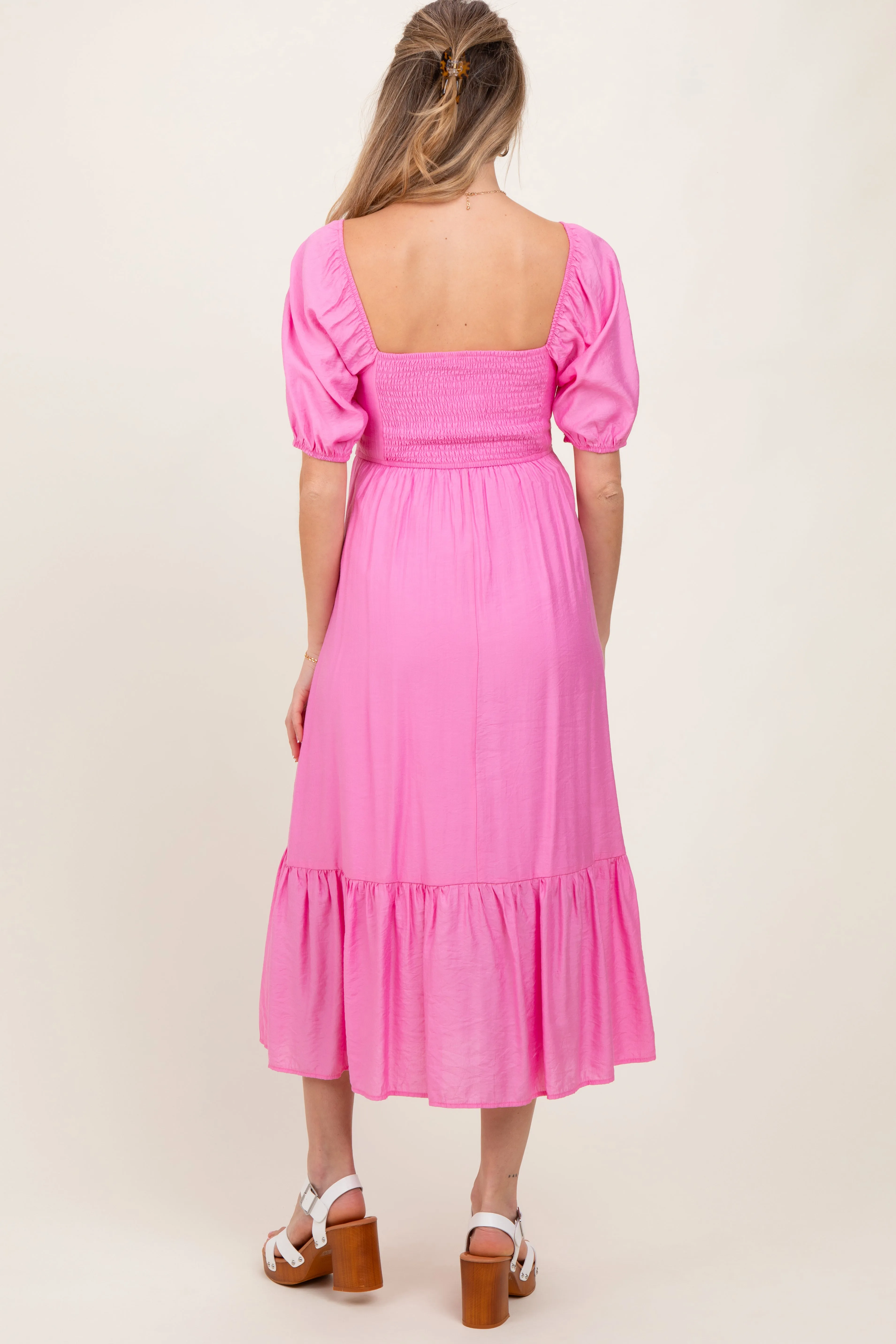 Pink Pleated Bodice Puff Sleeve Maternity Midi Dress sold by Pinkblush product image thumbnail 3