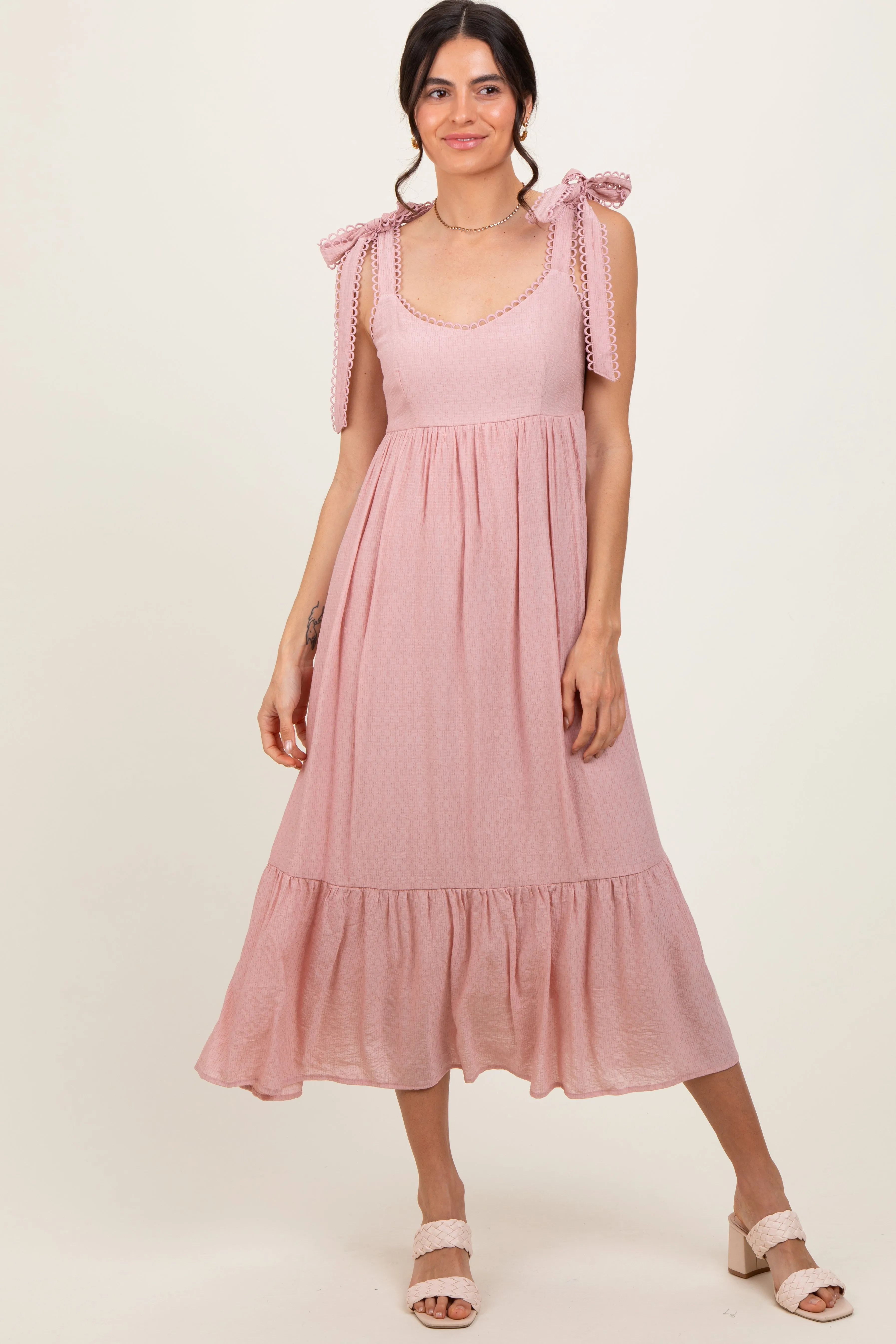 Light Pink Scallop Trim Shoulder Tie Maternity Midi Dress sold by Pinkblush product image thumbnail 5