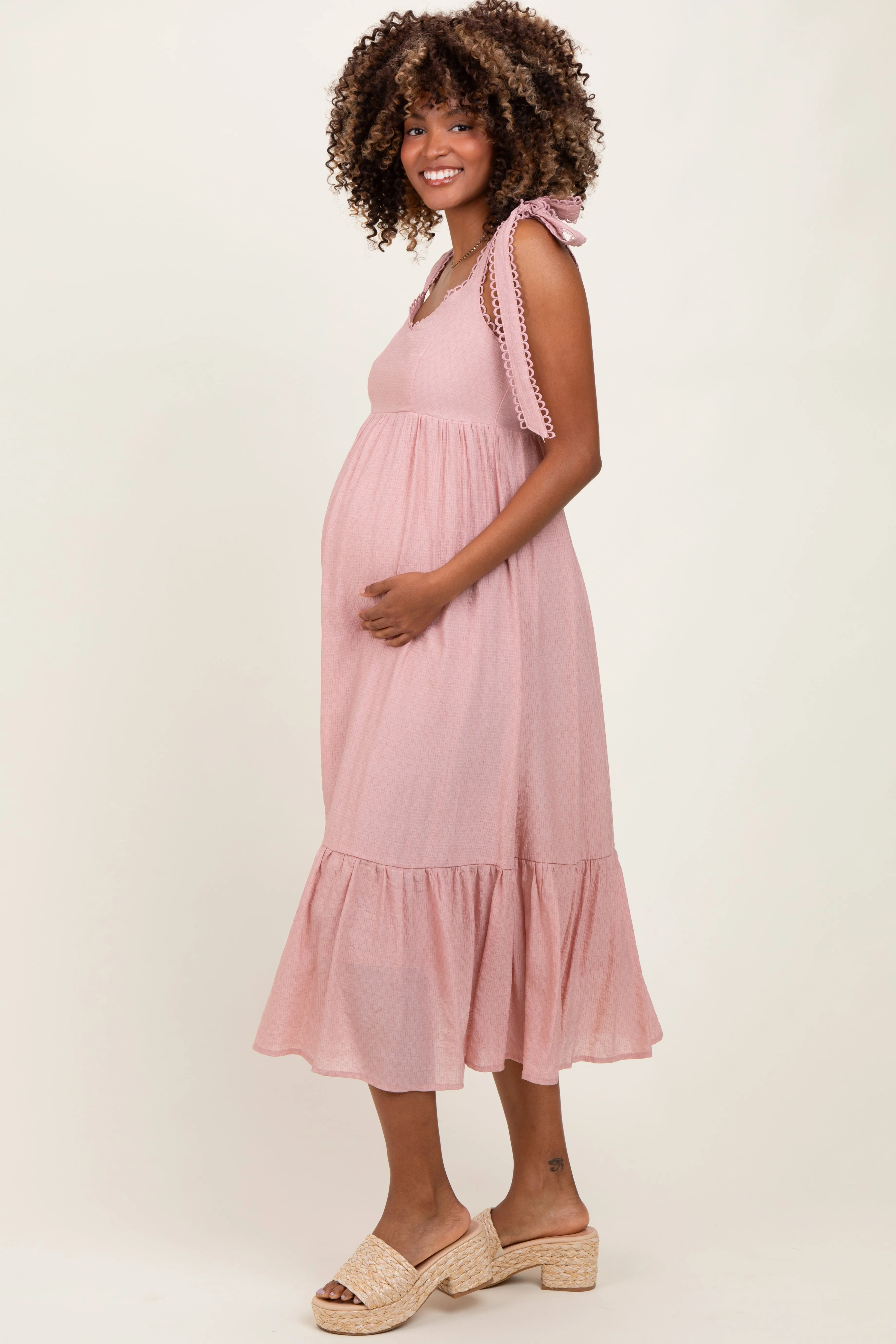Light Pink Scallop Trim Shoulder Tie Maternity Midi Dress sold by Pinkblush product image thumbnail 3