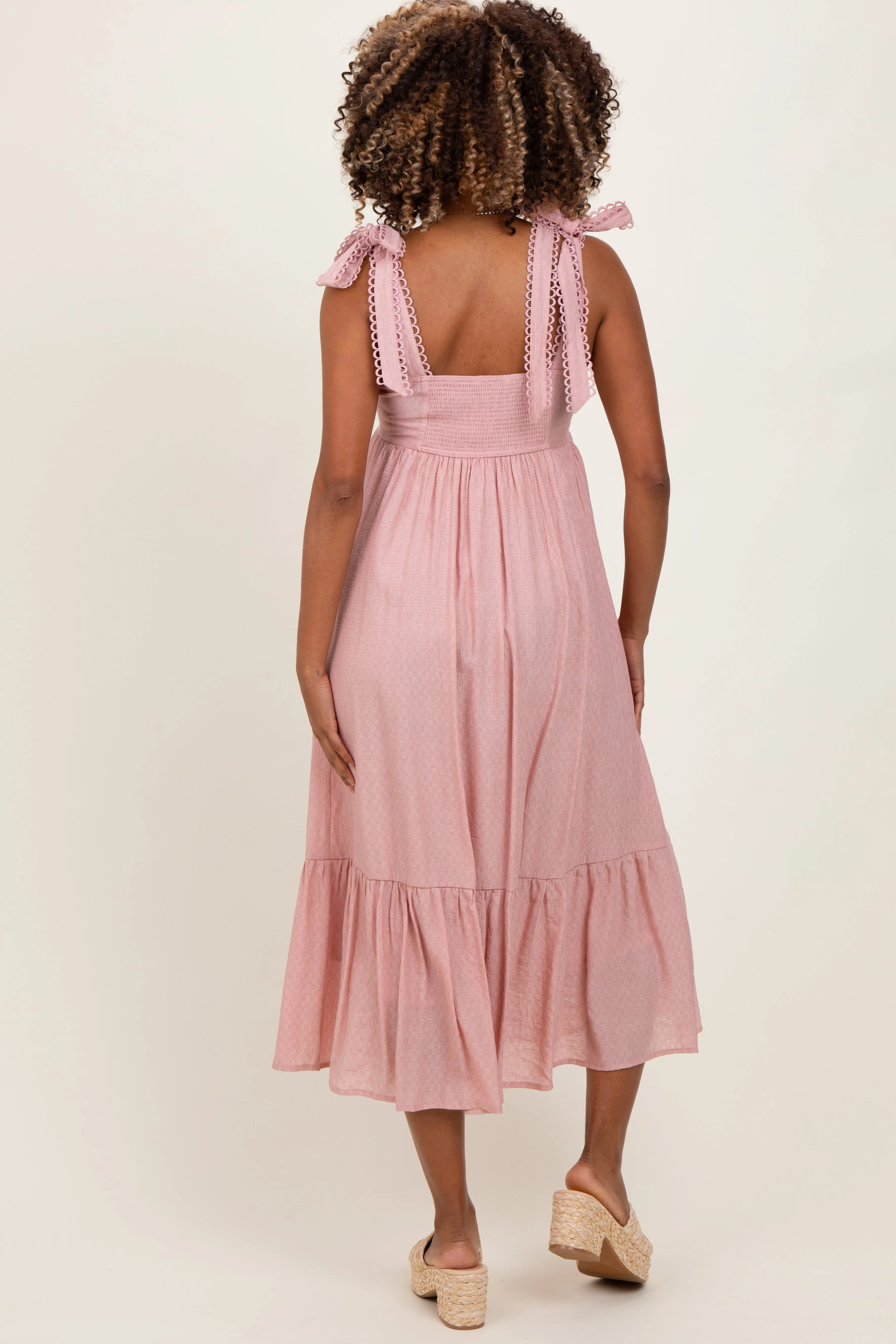 Light Pink Scallop Trim Shoulder Tie Maternity Midi Dress sold by Pinkblush product image thumbnail 4