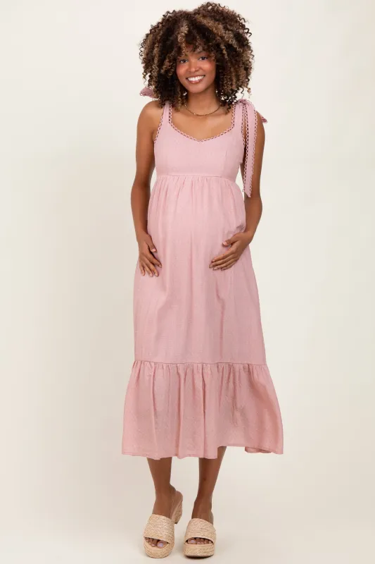 Light Pink Scallop Trim Shoulder Tie Maternity Midi Dress sold by Pinkblush