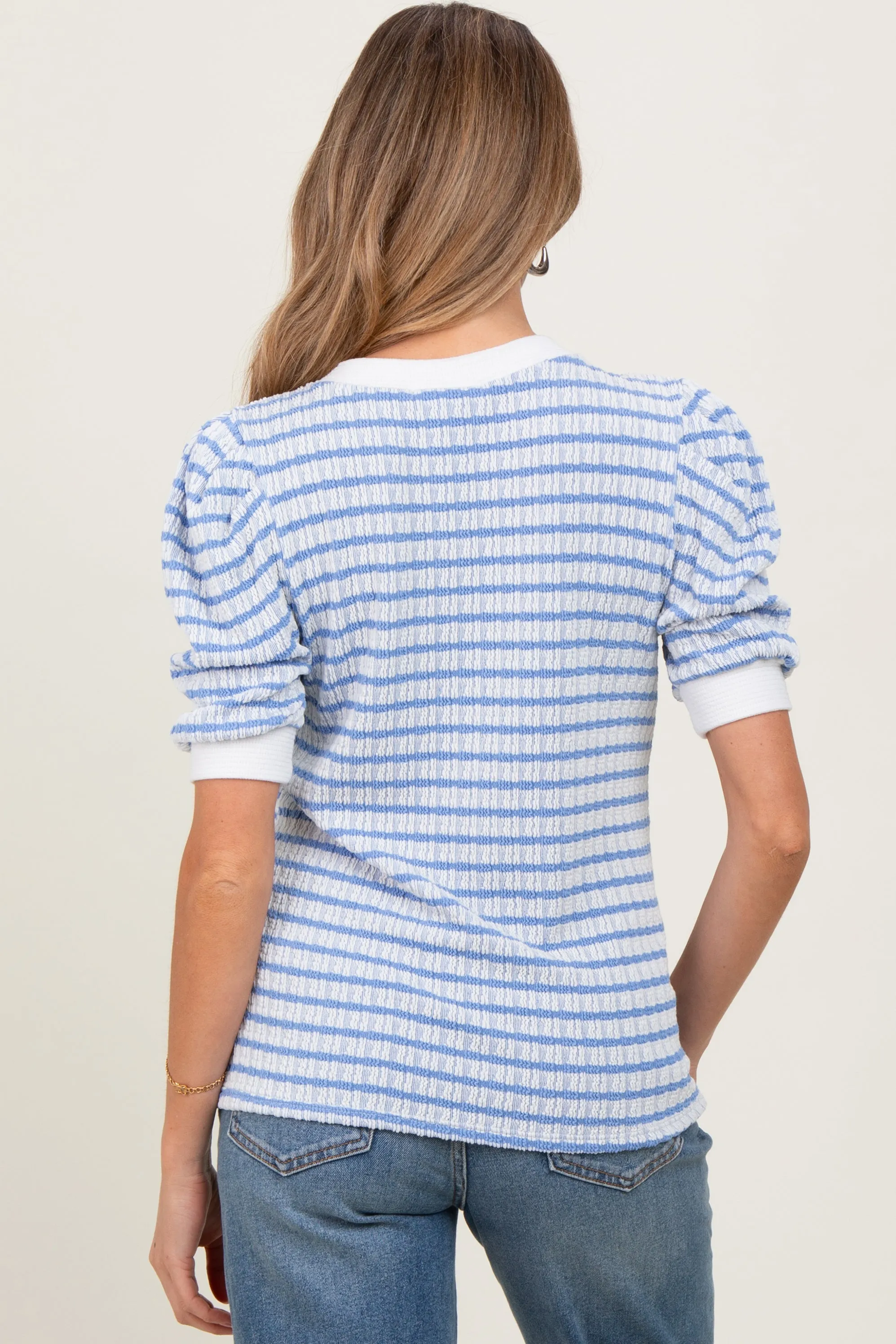 Blue Textured Stripe Puff Sleeve Maternity Top sold by Pinkblush product image thumbnail 2