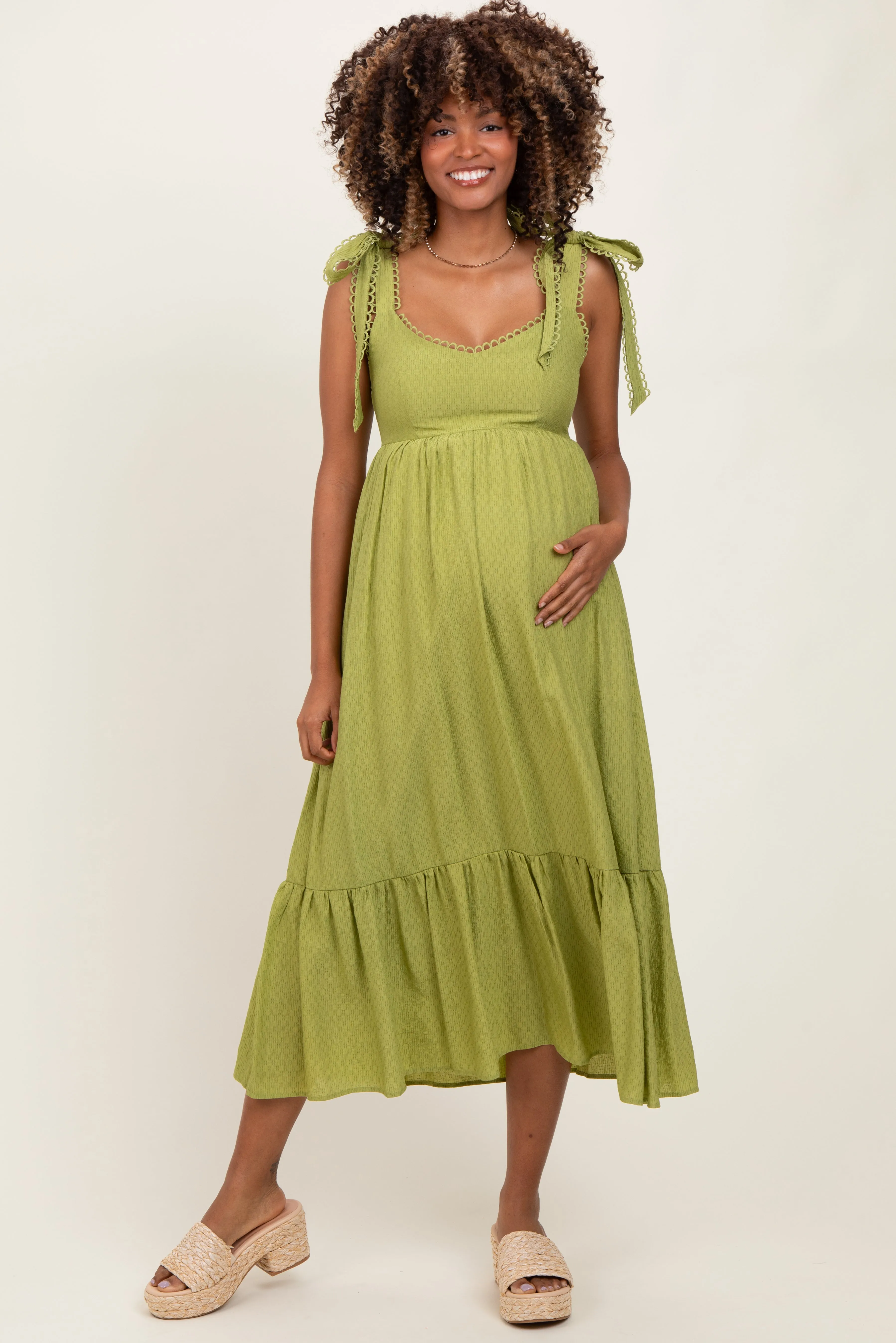 Light Olive Scallop Trim Shoulder Tie Maternity Midi Dress sold by Pinkblush product image thumbnail 2