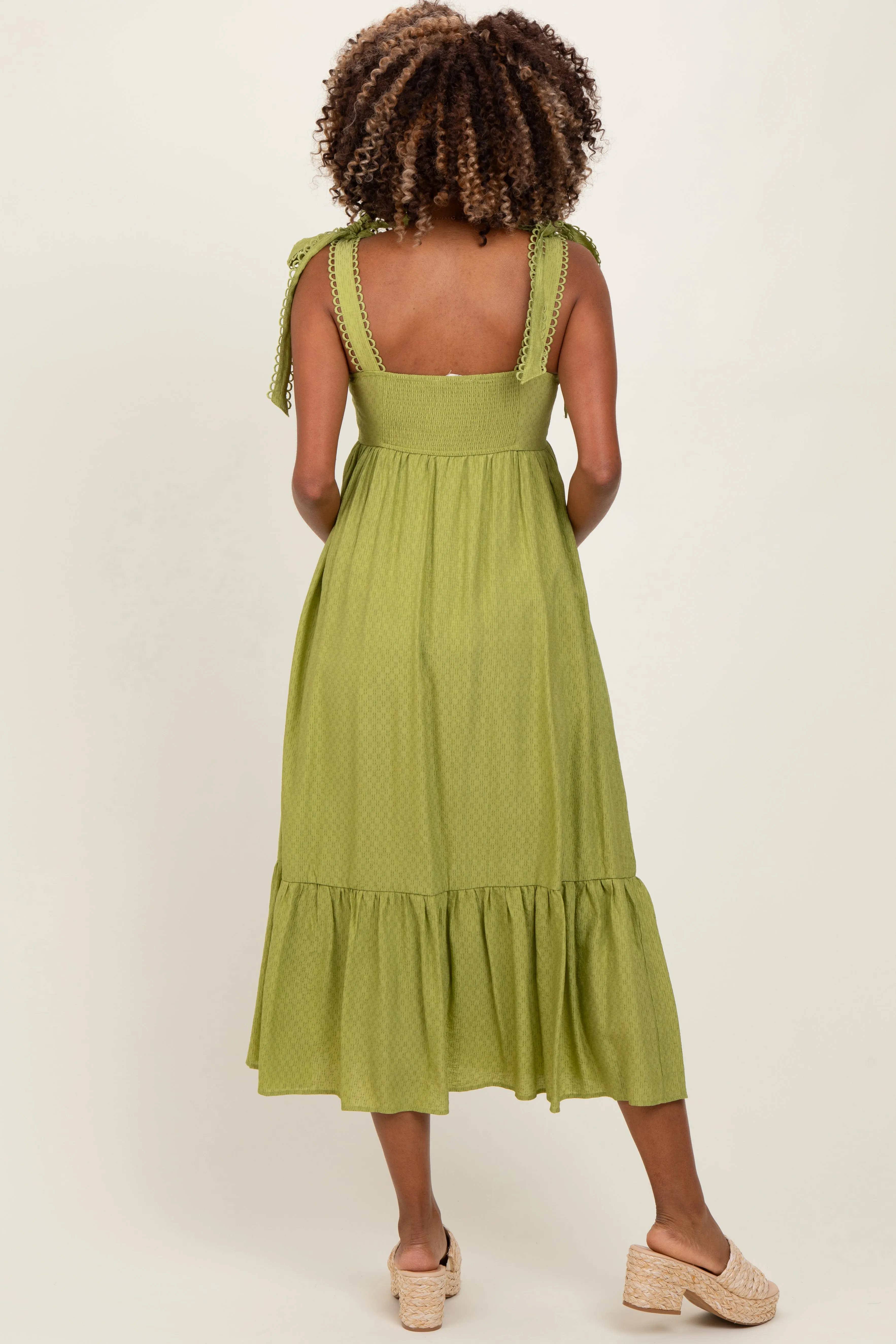 Light Olive Scallop Trim Shoulder Tie Maternity Midi Dress sold by Pinkblush product image thumbnail 3