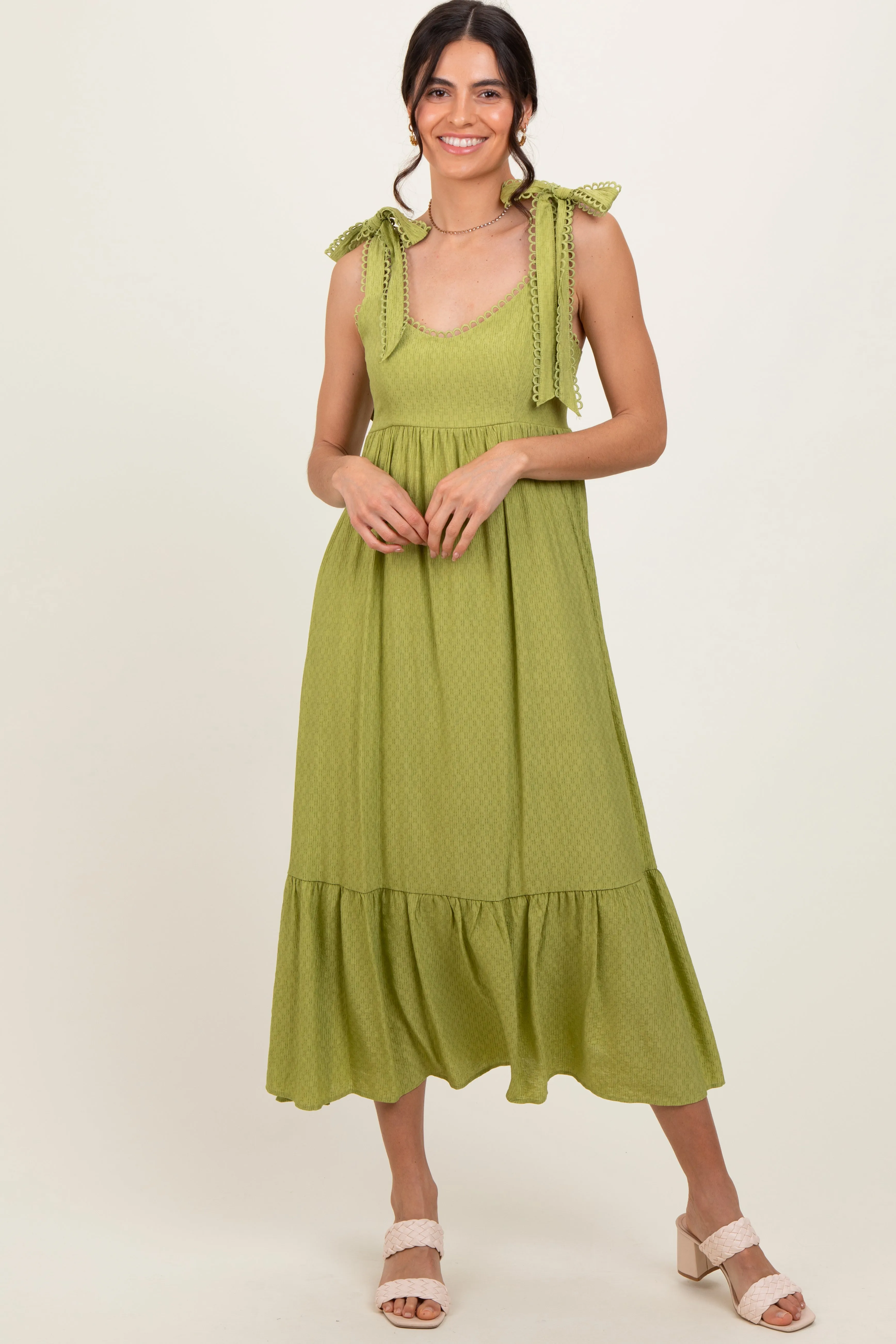 Light Olive Scallop Trim Shoulder Tie Maternity Midi Dress sold by Pinkblush product image thumbnail 4
