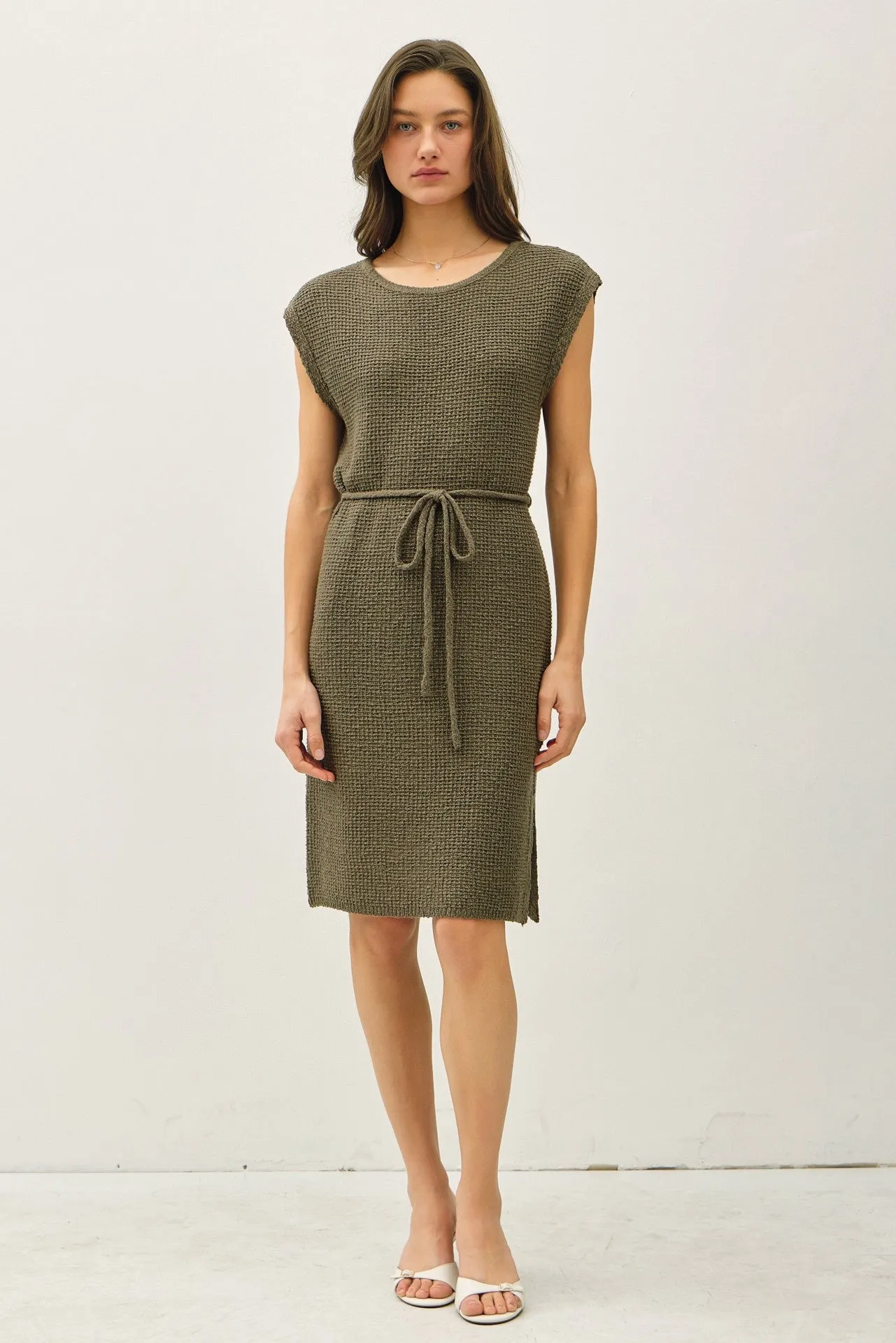 Olive Waffle Knit Sash Tie Short Sleeve Maternity Dress sold by Pinkblush product image thumbnail 4