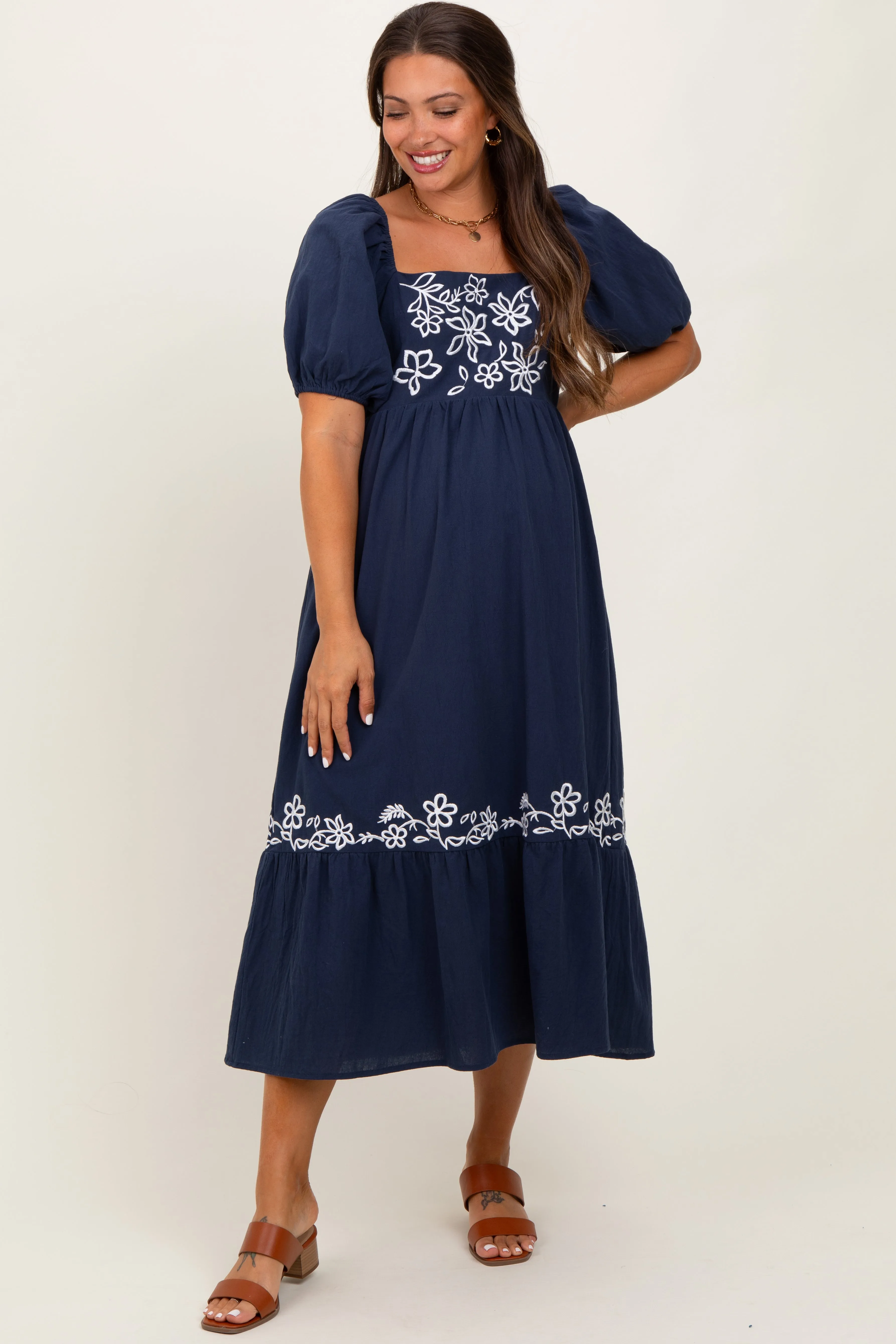 Navy Embroidered Floral Square Neck Maternity Maxi Dress sold by Pinkblush