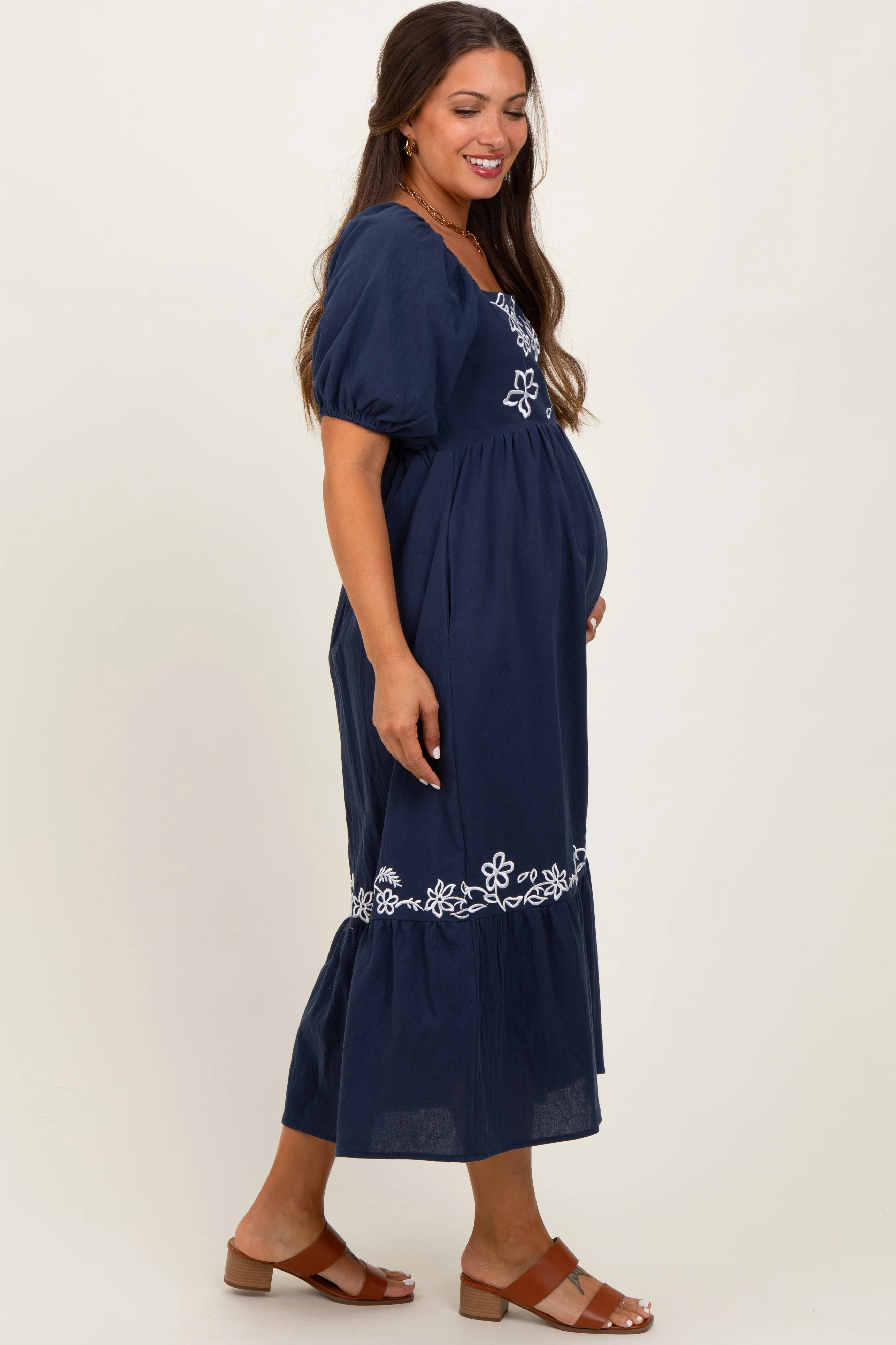 Navy Embroidered Floral Square Neck Maternity Maxi Dress sold by Pinkblush product image thumbnail 2