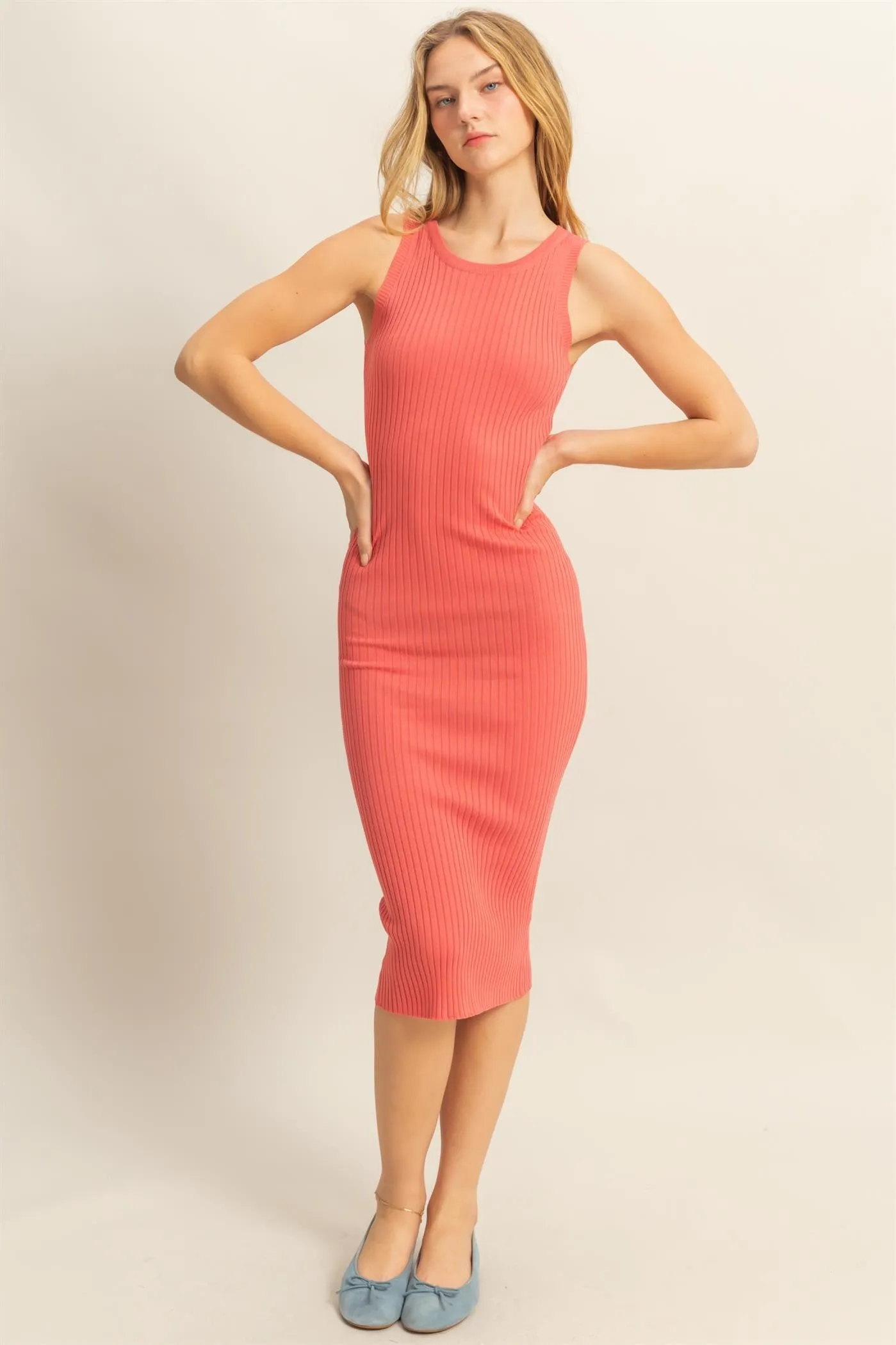 Coral Ribbed Sleeveless Midi Dress sold by Pinkblush
