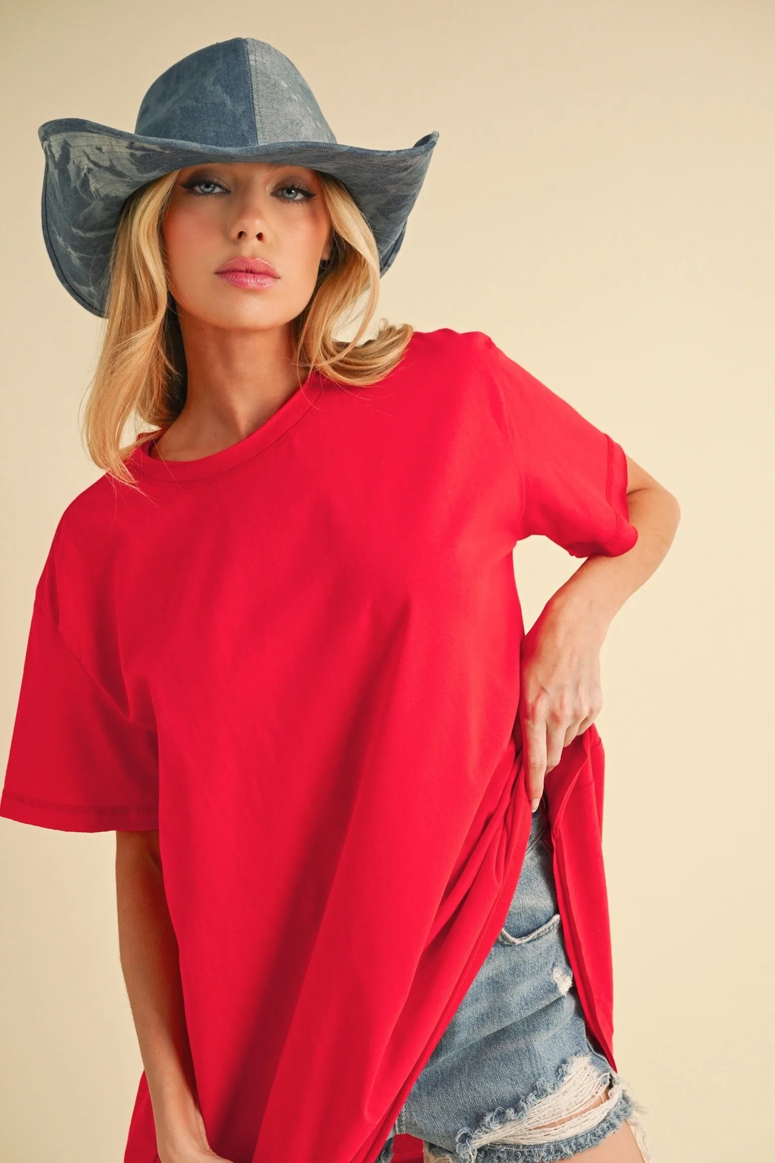 Red Oversized Cut Hem Short Sleeve T-Shirt sold by Pinkblush product image thumbnail 2