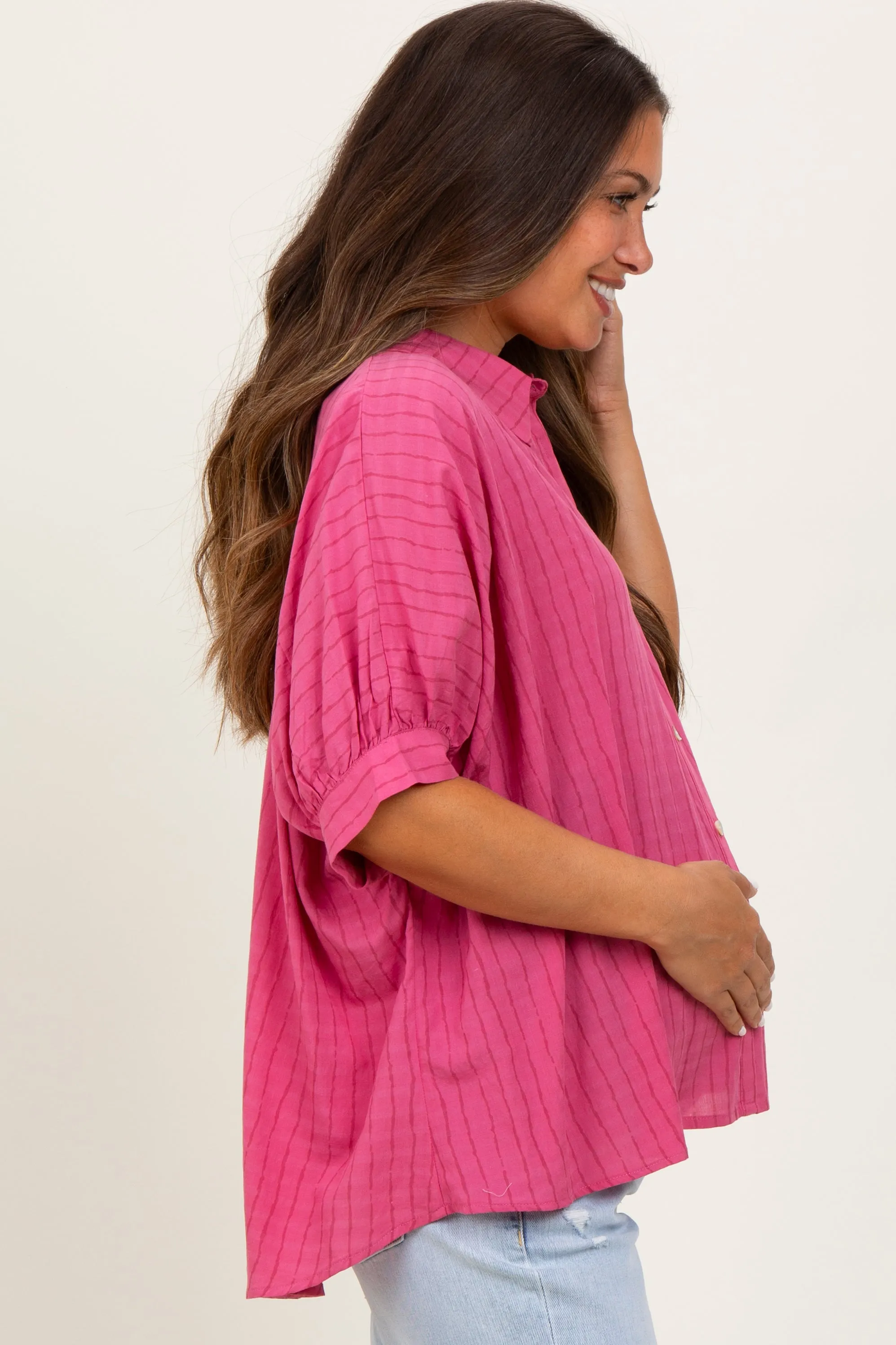 Fuchsia Striped Drop Shoulder Button Down Maternity Blouse sold by Pinkblush product image thumbnail 2
