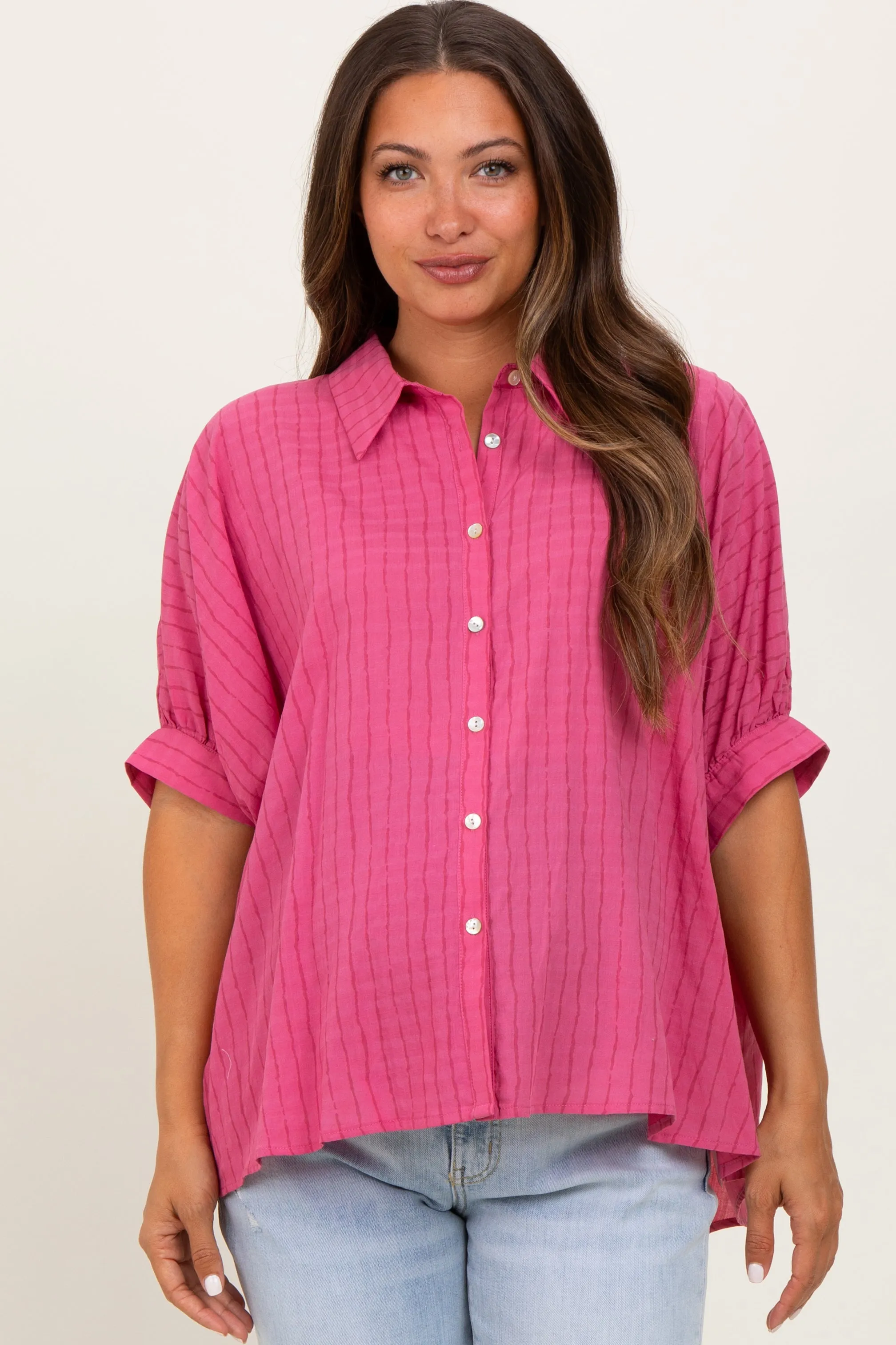 Fuchsia Striped Drop Shoulder Button Down Maternity Blouse sold by Pinkblush