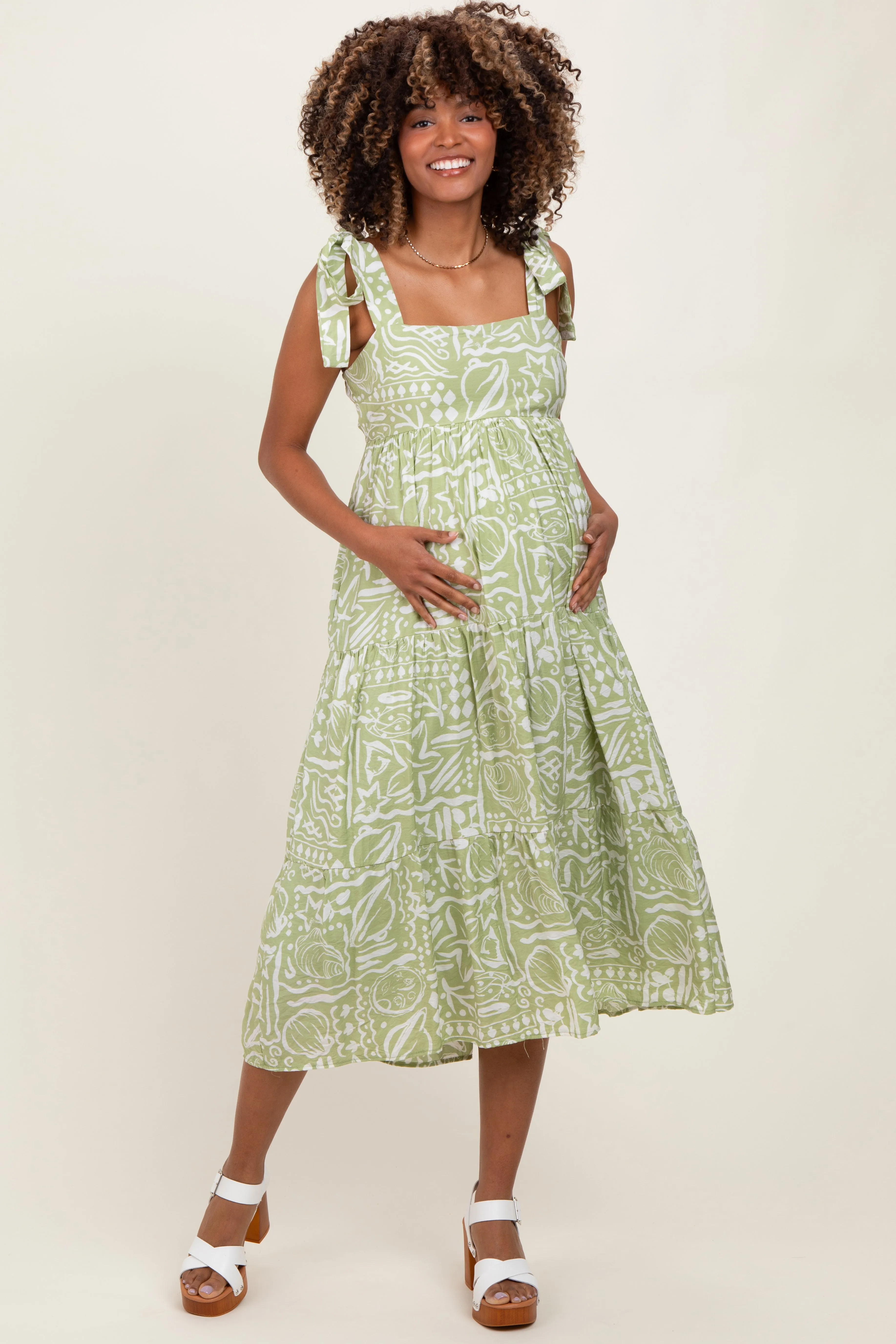 Light Olive Printed Tie Strap Tiered Maternity Midi Dress sold by Pinkblush product image thumbnail 2
