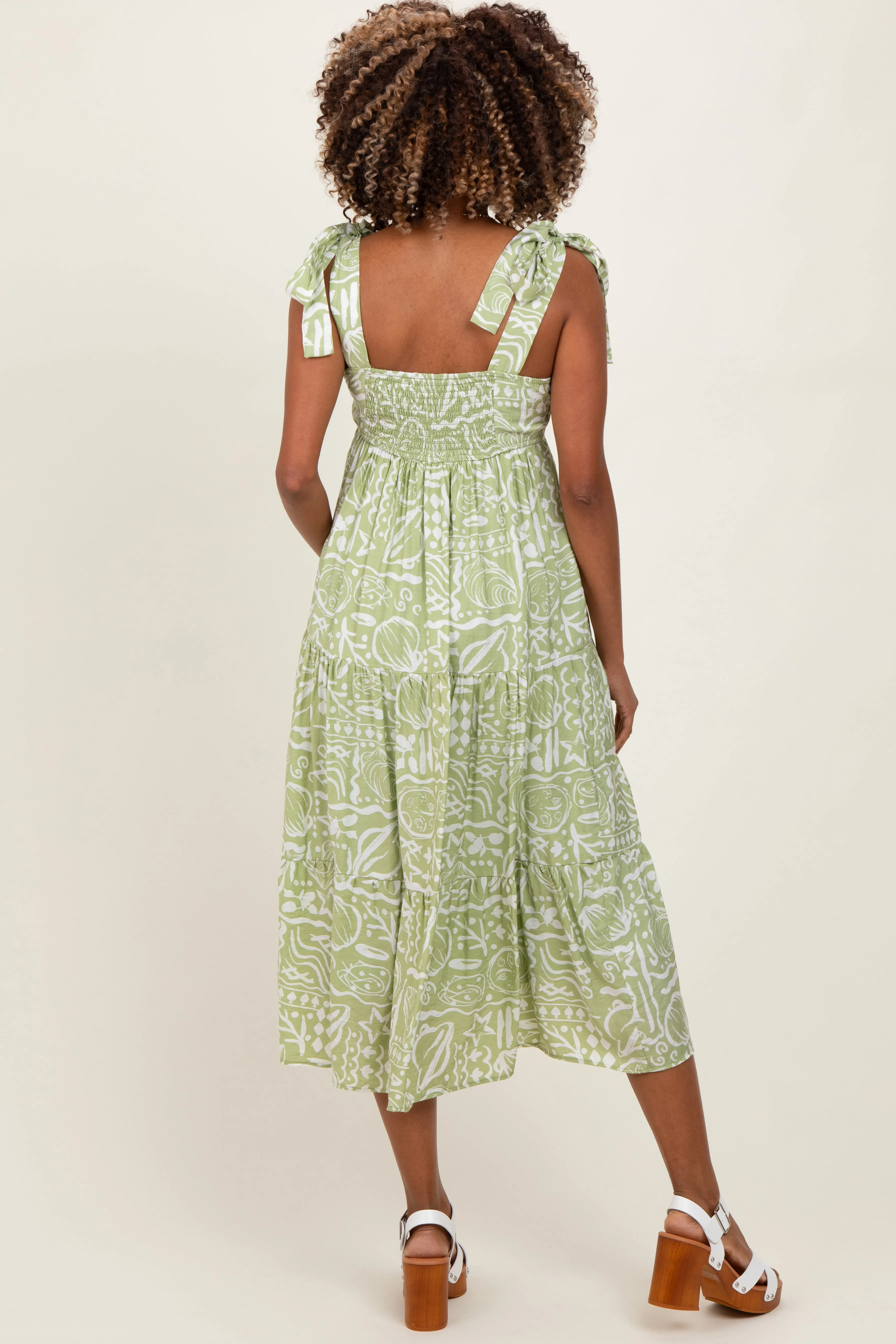 Light Olive Printed Tie Strap Tiered Maternity Midi Dress sold by Pinkblush product image thumbnail 3