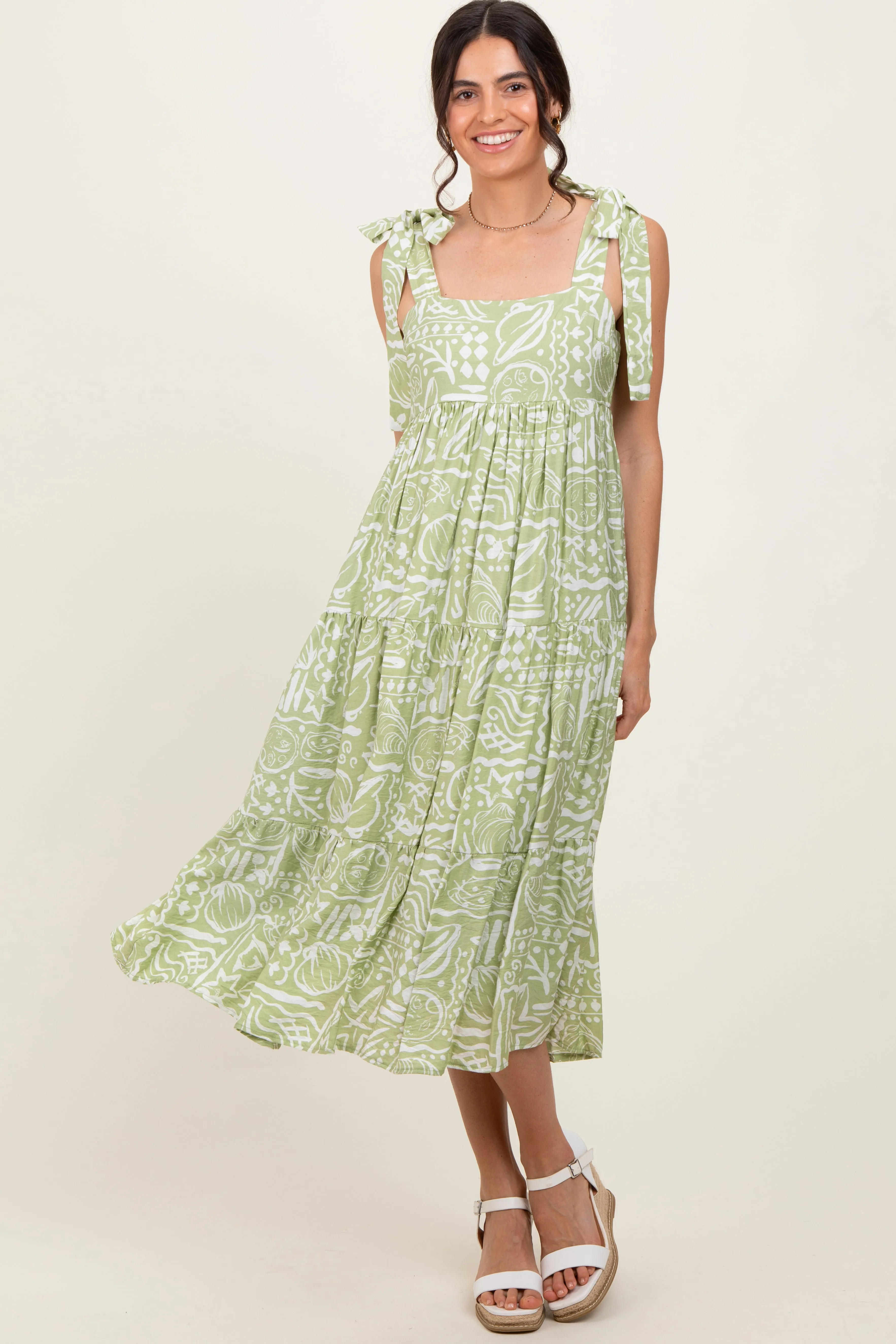 Light Olive Printed Tie Strap Tiered Maternity Midi Dress sold by Pinkblush product image thumbnail 4