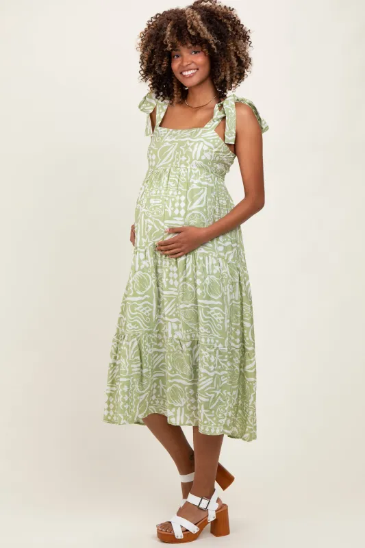Light Olive Printed Tie Strap Tiered Maternity Midi Dress sold by Pinkblush