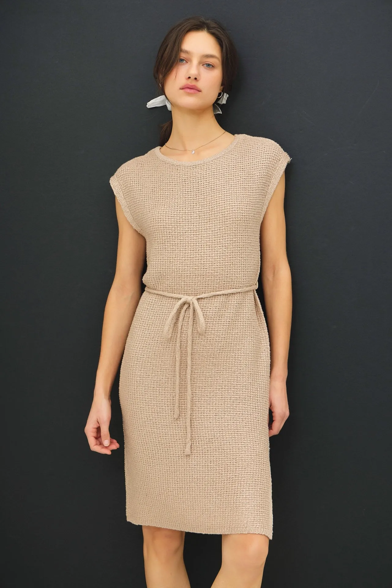 Beige Waffle Knit Sash Tie Short Sleeve Maternity Dress sold by Pinkblush product image thumbnail 5