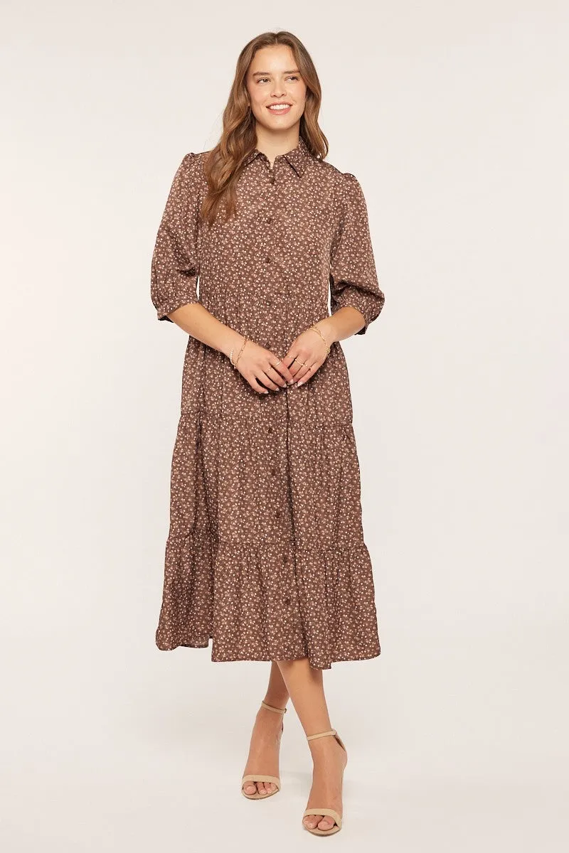 Brown Floral Tiered Shirt Midi Dress sold by Pinkblush product image thumbnail 2