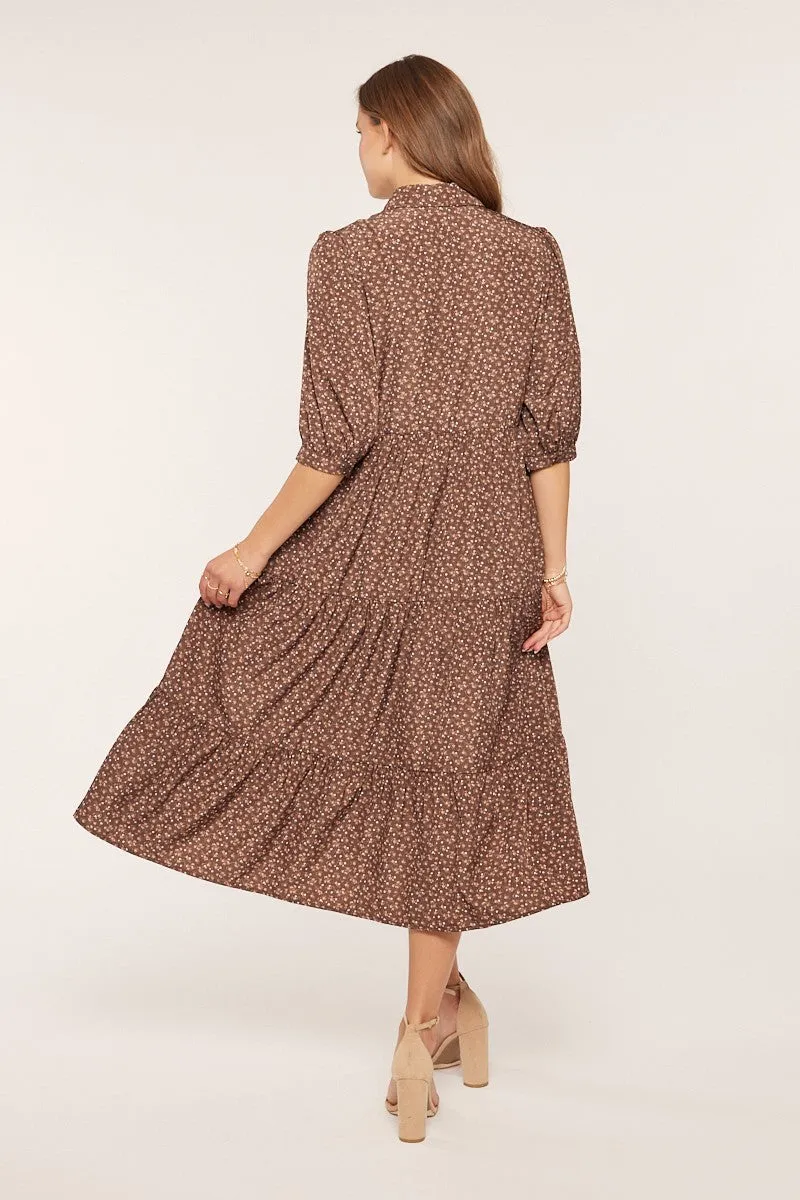 Brown Floral Tiered Shirt Midi Dress sold by Pinkblush product image thumbnail 3
